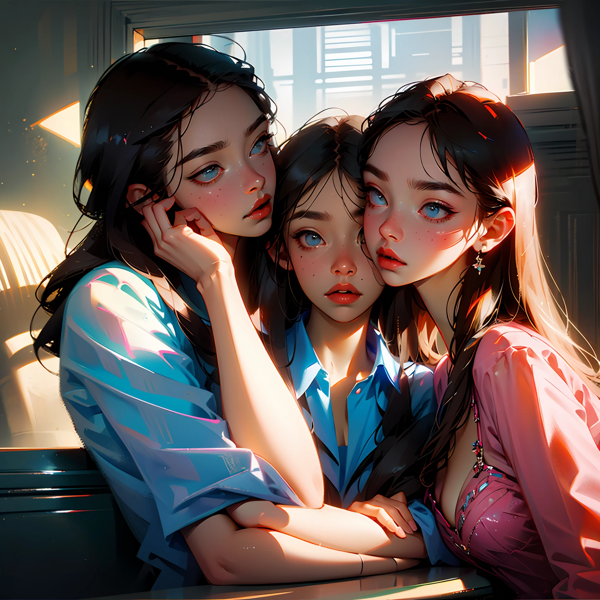 (Masterpiece:1.4), Two girls, Kissing, school uniform, closeup cleavage,Lingerie transparent --auto