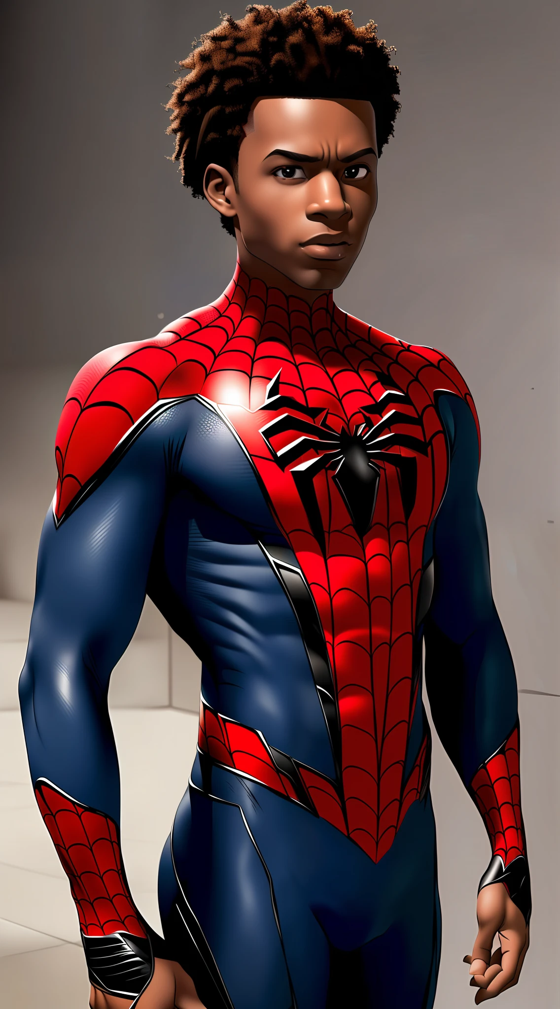 Best quality, masterpiece, high resolution, 1 male, miles morales, spiderman,, curly hair, Tindal effect,ism realism, dark studio, edge light, two-tone light, (high-detail skin: 1.2), 8K UHD, DSLR, soft light, high quality, volumetric light, photo, resolution high 4K,8K, clear background,