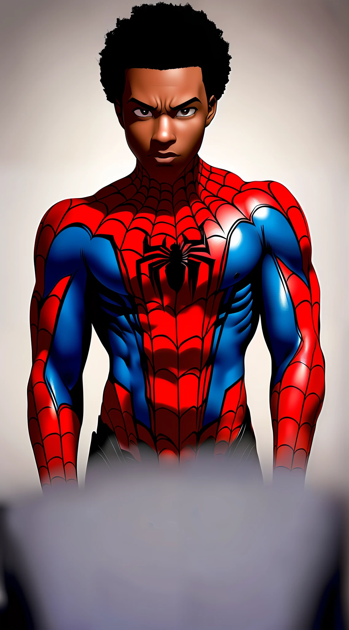 Best quality, masterpiece, high resolution, 1 male, miles morales, spiderman,, curly hair, Tindal effect,ism realism, dark studio, edge light, two-tone light, (high-detail skin: 1.2), 8K UHD, DSLR, soft light, high quality, volumetric light, photo, resolution high 4K,8K, clear background,