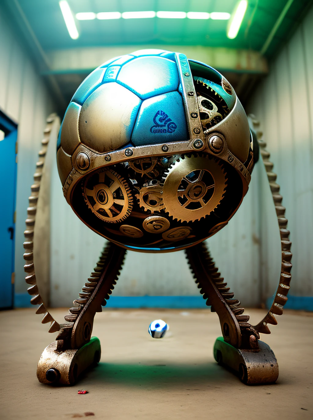 "Worn metal soccer ball with gears, tuercas, pistones y mecanismos, estilo futurista y steampunk, realista, with neon lights."