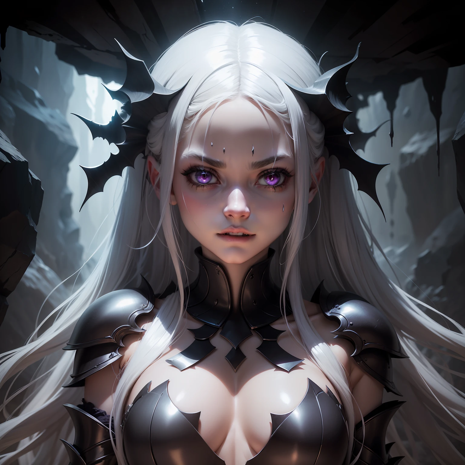 In a dark underground lair, a girl with long white hair gracefully stands, her red eyes glowing with an otherworldly intensity. Her lips reveal vampire-like teeth as she dons a purple armor that reflects a faint glimmer of moonlight seeping through the cracks of the cavern ceiling. Her expression embodies a mix of mischief and determination, reminiscent of the character Jinx. The environment is filled with stalactites and stalagmites, creating a surreal and eerie atmosphere. The air is heavy with mystery, and the only source of light comes from glowing crystals scattered throughout the cave. The scene exudes a feeling of seclusion and hidden power. To realize this concept, a 3D sculpture will be created, capturing the intricate details of the character's armor and facial features. The sculpture will be rendered with a dark, moody lighting setup to emphasize the mysterious nature of the underground lair. --ar 9:16 --v 5