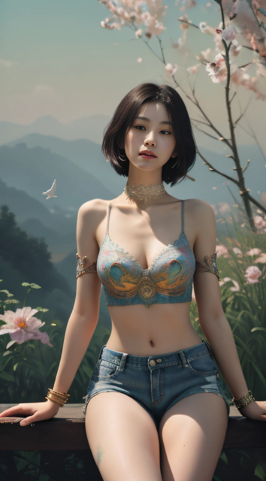 Masterpiece, absurderes, Highly detailed:1.3), dream-state, Digital painting beauty, (Sitting, mature, Slim, Slender,) view the viewer, (Masterpiece), (Best quality:1.2), absurderes, Intricate details, skin indentation, cleavage, Huge breasts, (Highly detailed skin:1.2), (author:Alphonse Mucha Echo Chernik Megan Laura Cho Bingqiang), Sharp focus, Soft and colorful, Centered, symetry, picure, Intricate, voluminetric lighting, Beautiful, rich deep color, Ultra detailed, Digital painting, Mysterious magic, Focused, lush colors, Canon Eos 5d Mark IV and Fujifilm Superia X-TRA 400 film, (Extremely detailed oil painting:1.2), Glow effects, godrays, handpainted, Renders, 8K, rendering by octane, 4 d cinema, blender, Dark, Super delicate atmosphere 4K, cinematic sensual, Sharp focus, humorous illustration, great depth of field, Masterpiece, colours, 3d octane render, 4K, concept-art, trending on artstationh, Hyperrealistic, Vivid colors, Extremely detailed CG unifies 8K wallpapers, trending on artstationh, trending on CGSociety, Intricate, High detail, Dramatic,1girll,Outdoor photography,Standing,bird's eyes view,(tee shirt),stocklings,Abdominal exudate,(denim short)(((leg loops))),neck rings,((Wear a bracelet,choker necklace))(full bodyesbian:1.5