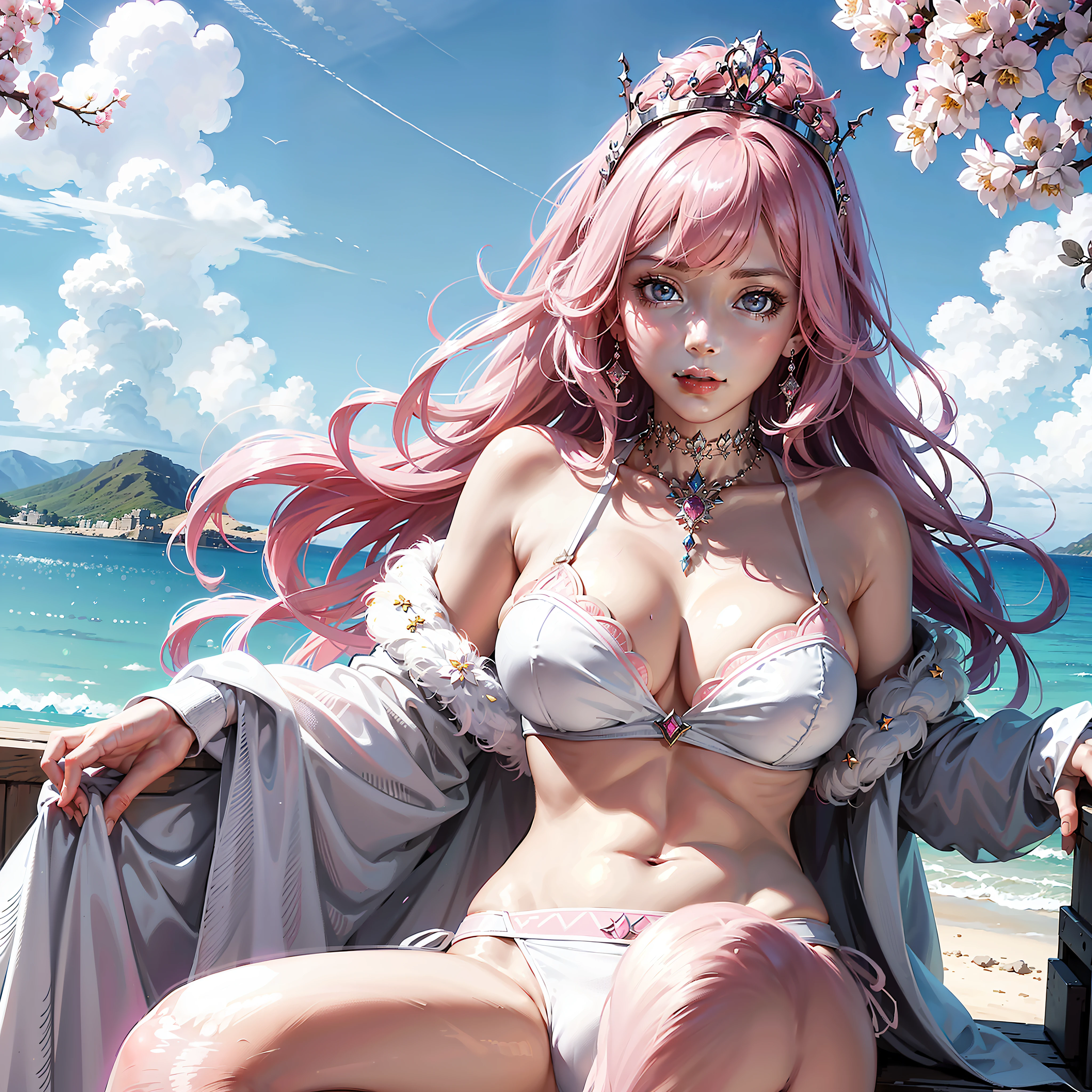 there is a woman with pink hair and a crown on her head wearing a white bikini showing cleavage, looking at camera seductively, background is a pale pink themed castle in the sky with clouds, a beautiful fantasy empress, ((a beautiful fantasy empress)), royal elegant pose, glossy skin, pale snow white skin, princess portrait, princess, artificial intelligence princess