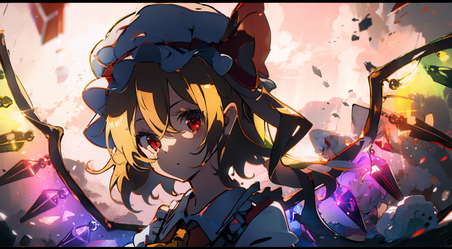 flandre scarlet
1girl,blonde hair,mob cap,hair bow,bowtie,side ponytail,wings,short sleeves,vest,ascot,