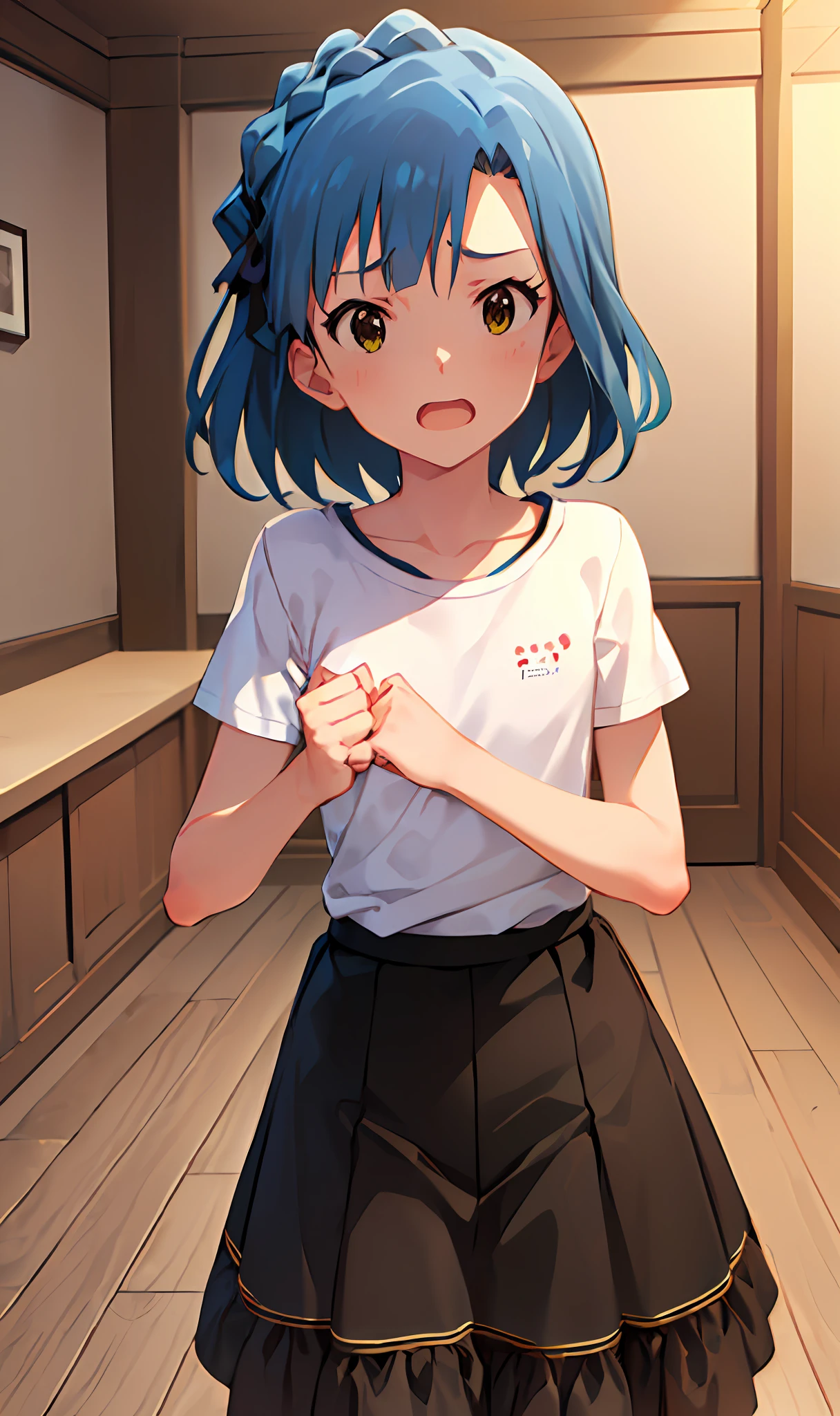 yuriko nanao (million live). Short stature. (((white t-shirts))).(((Skirt))).(((masterpiece))).(((best quality))).((Ultra-detailed))).(((illustratio))). (((fighting stance))).(((a room))).(((make a fist))).(((up chest))).Despair face.(((short-hair))).((Medium chest)).((Opening Mouth)).