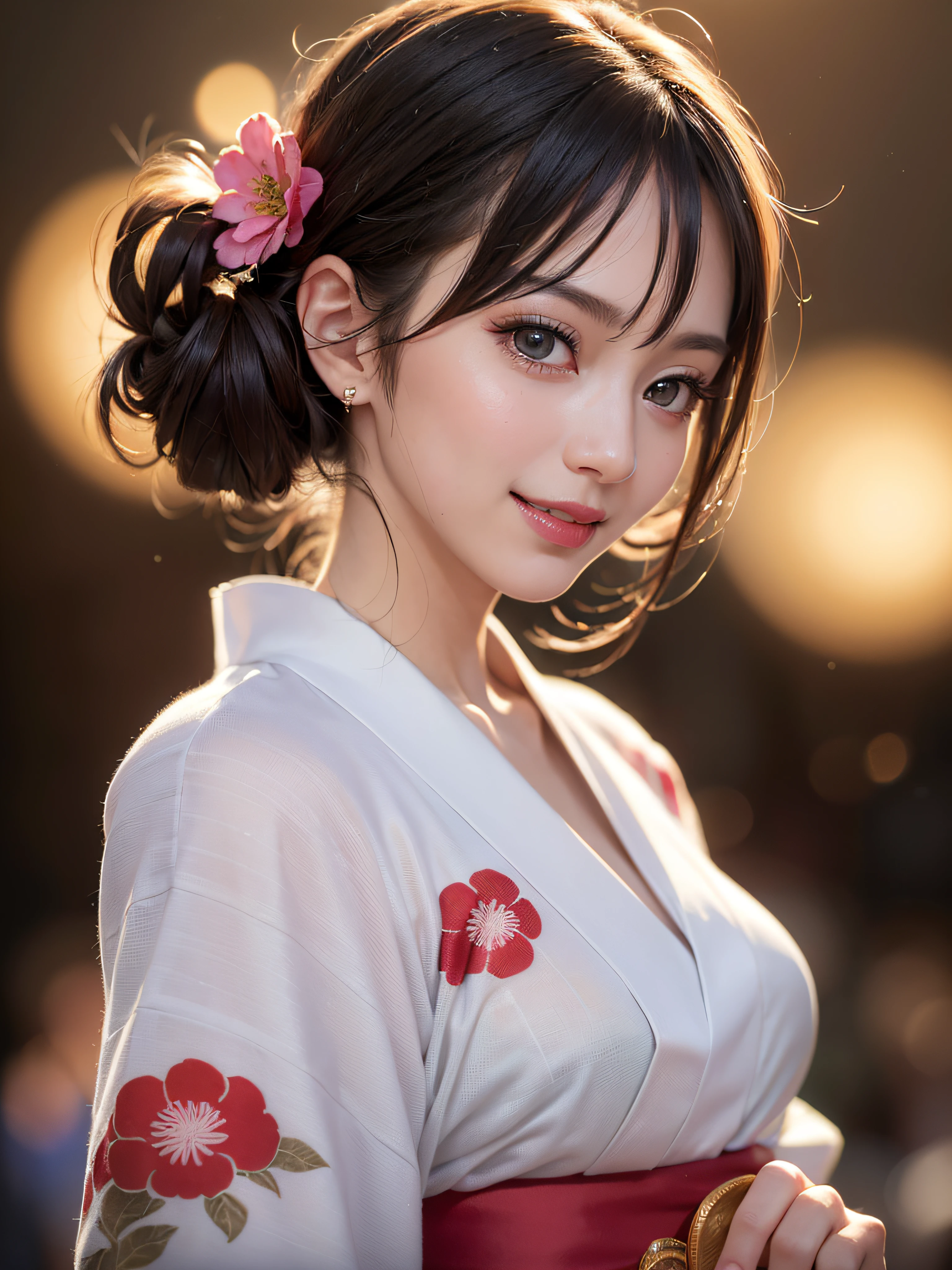 (realistic, photo-realistic:1.37), (masterpiece:1.2), (best quality:1.4), (ultra high res:1.2),(RAW photo:1.2), (sharp focus:1.3), (face focus:1.2), vibrant details, hyperrealistic, (full body:1.37), (1girl wearing detailed yukata:1.5), (23yo:1.1), (happy smile:1.35), (extremely detailed beautiful face and eyes:1.4), (extremely detailed beautiful hair:1.4),delicate composition,(posing), (young hands:1.2), medium breast, flower hair ornament,(Updo hair:1.3),( lipgloss, eyelashes, gloss-face, glossy skin, best quality, ultra highres, depth of field, chromatic aberration, caustics, Broad lighting, natural shading,Kpop idol:1.2) looking at viewer with a serene and goddess-like happiness,BREAK,
(Beautiful fireworks in the night sky background:1.2),(japanese summer festival:1.1), scenery, bangs, beautiful detailed eyes, makeup, looking at viewer, (cute), (soft lighting), finely detail,