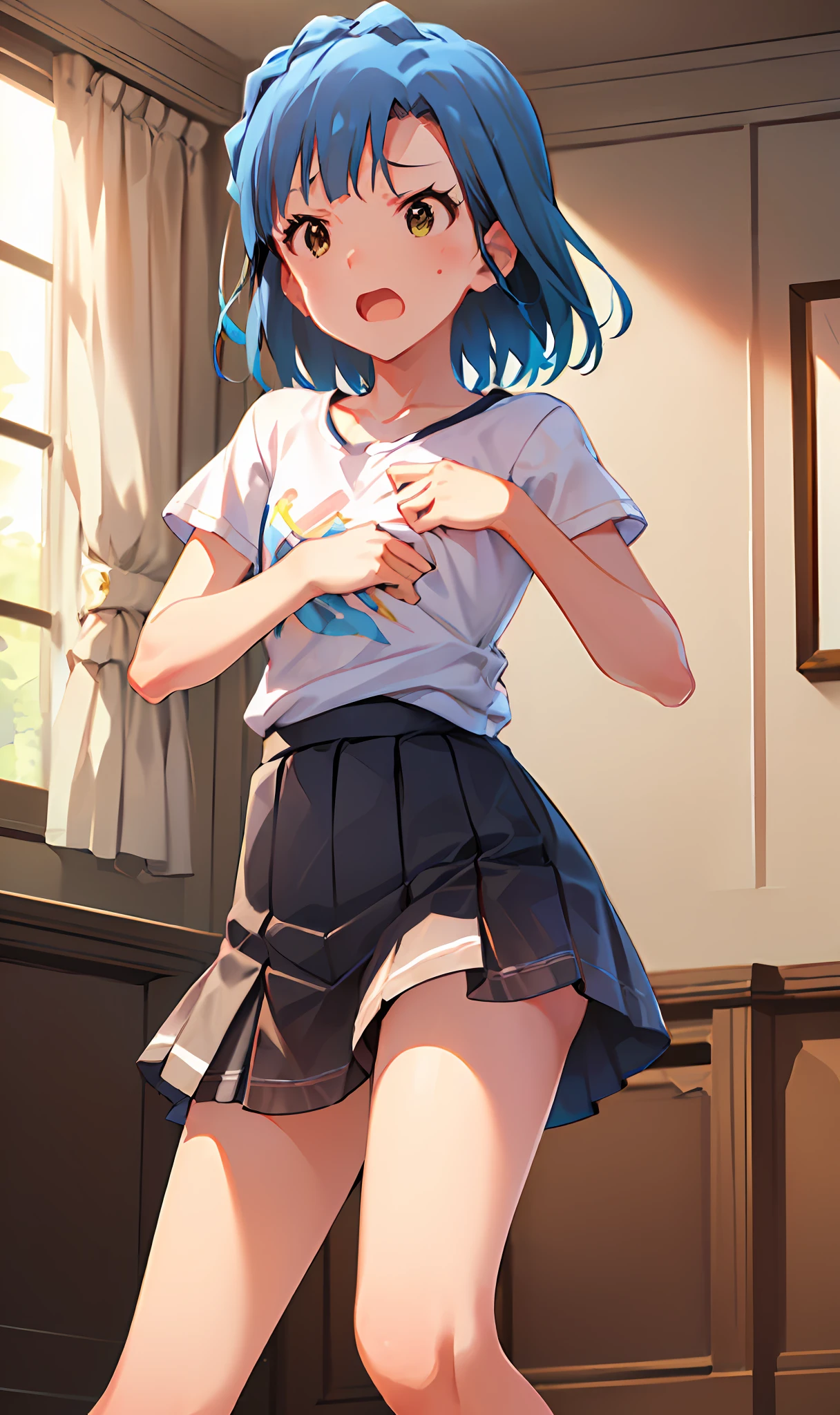 yuriko nanao (million live). Short stature. (((white t-shirts))).(((Skirt))).(((masterpiece))).(((best quality))).((Ultra-detailed))).(((illustratio))). (((fighting stance))).(((a room))).(((make a fist))).(((up chest))).Despair face.(((short-hair))).((Medium chest)).((Opening Mouth)).