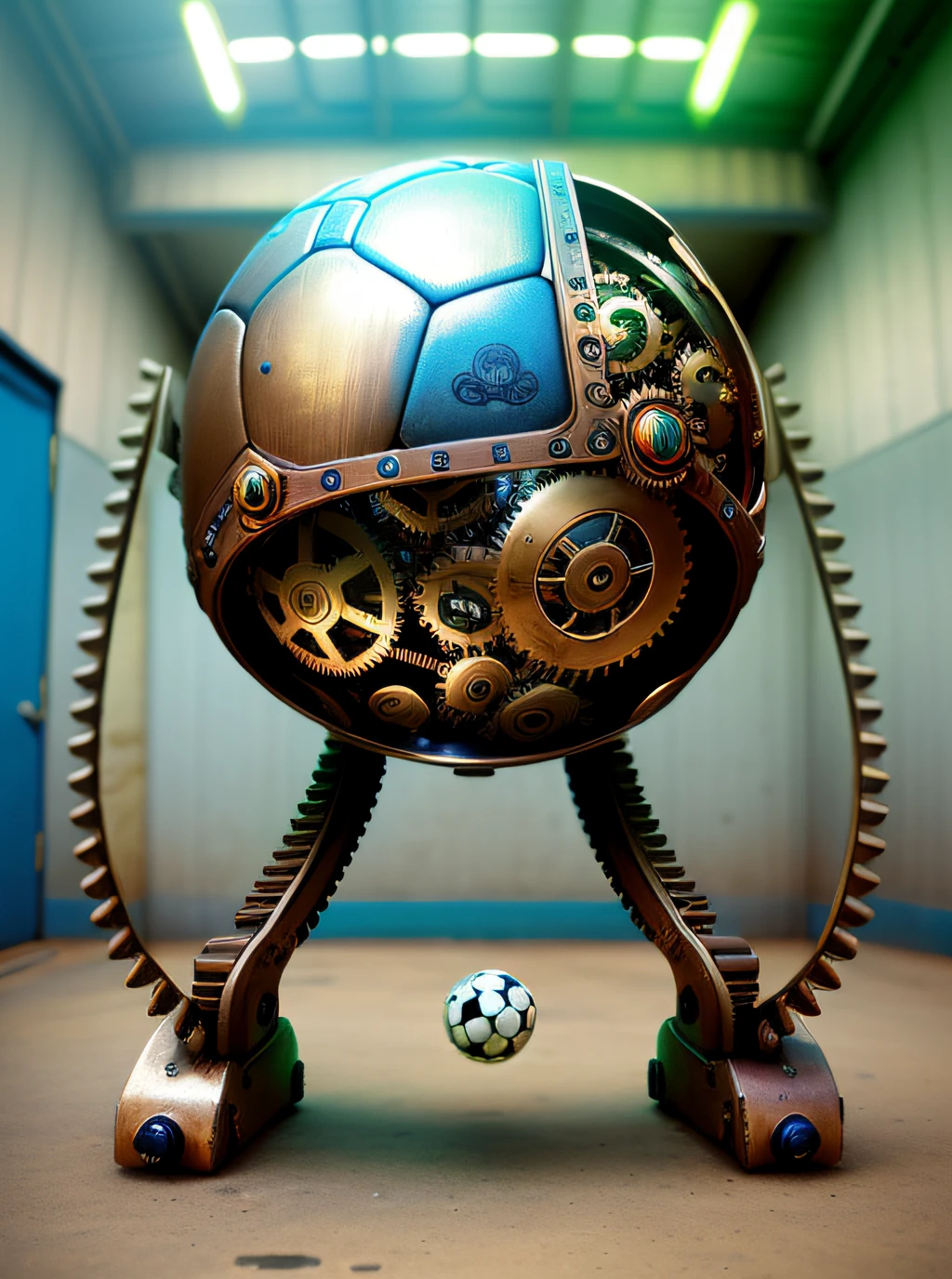 (((estilo futurista+steampunk))), ((detalles realistas)), Worn metal soccer ball with gears, tuercas, pistones y mecanismos, vibrant neon lights.