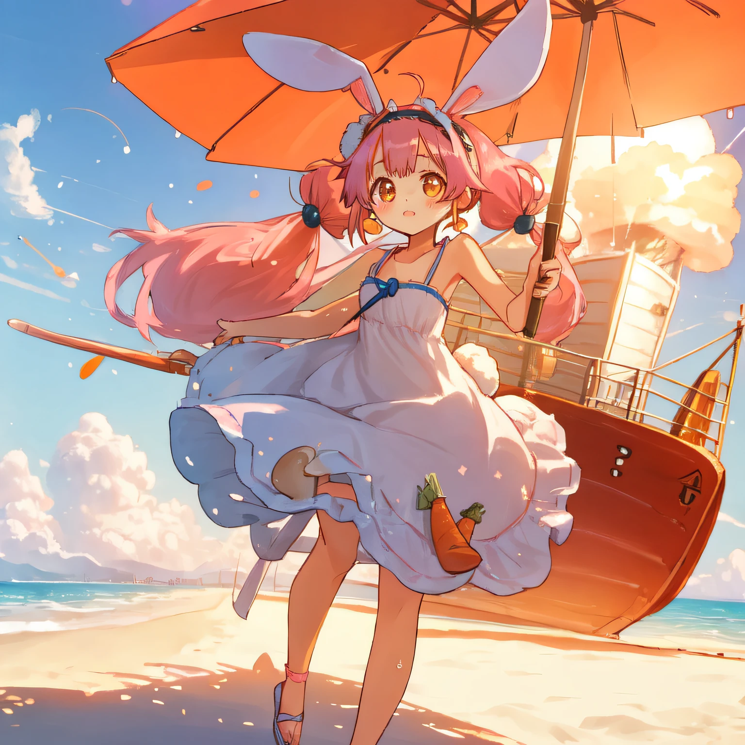 (Highly detailed CG Unity 8k wallpaper), (Best Quality), (Super Detail), (Best Illustration), (Best Shadow), POV, Realistic lighting and shading, Natural light, Lens flare effect,
BREAK, 1 beautiful girl, Solo,(Cute:1.5),(Chibi:0.8), (kawaii:1.5),(Lori:0.5),
((girl, Cute, Graceful, face)) ,(medium breasts),(Orange Eyes:1.2),(A pink-haired,short twintails,tareme:1.2), gleaming skin,Stuffed rabbit,
BREAK,(Rabbit ear headband:1.5),(Wet Casual Beachwear:1.2), (Lightweight Summer Dresses,Illustrated carrots:1.2), (a straw fedora hat:1.0), (flipflops:1.0), (Earrings in the shape of a moon:1.1), (Lace headband:1.0), (Cute Accessories:1.3), (Serious face:1.1), (A ship docked nearby exploded,Mushroom cloud:1.3), (Beach background:1.3),
BREAK,🌇,