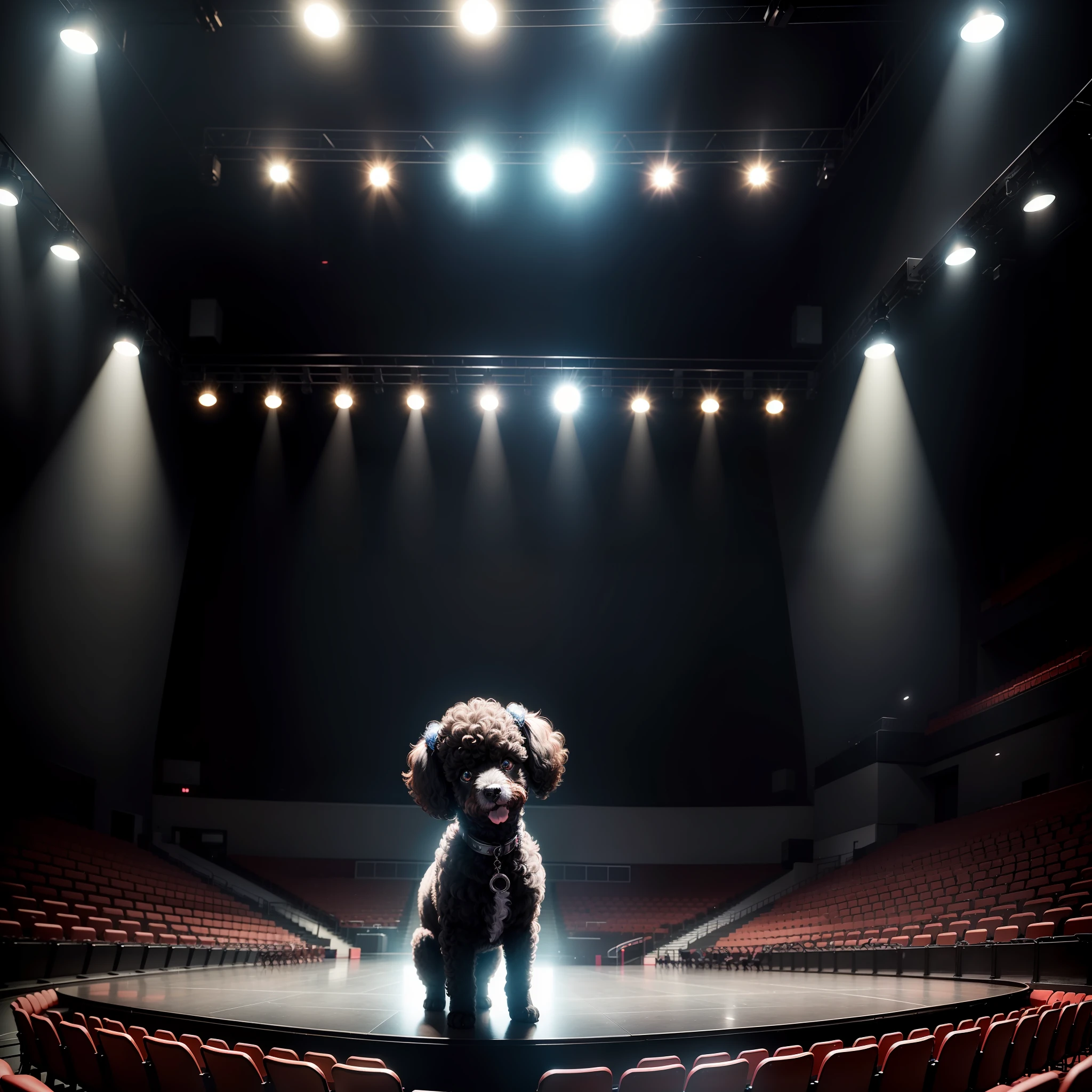 Cute black toy poodle、heavy-metal、Inside the large concert hall、Arena Stage、Vacuum lamp、ultra-detailliert、HDR --auto