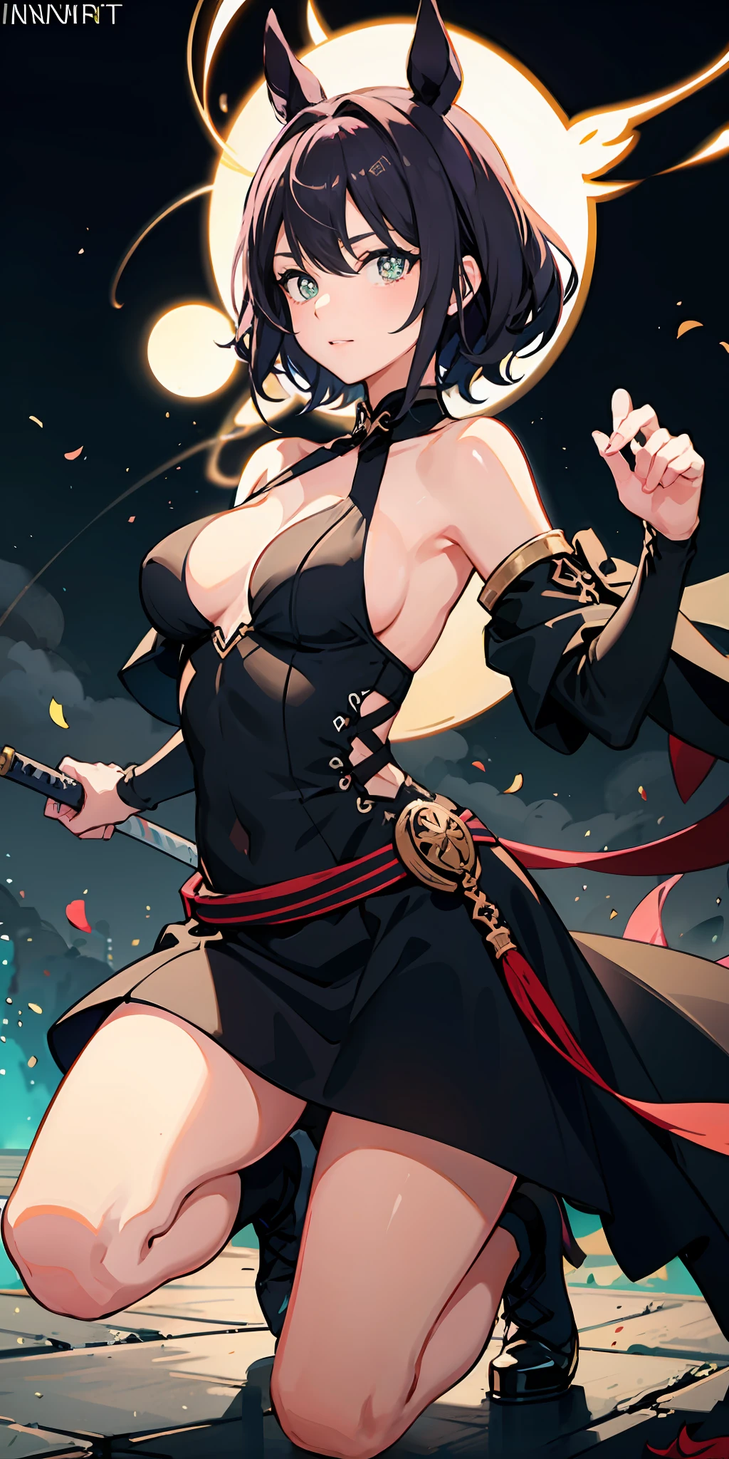 full bodyesbian,1girll,whaite hair,horse tailed,Purple pupils,(ninjartist),short sword,middlebreast,围巾,Wallpapers,Magic array background,light particules,Green fire,on one knee,Keep your eyes on the front,Eyes locked,Combat posture,