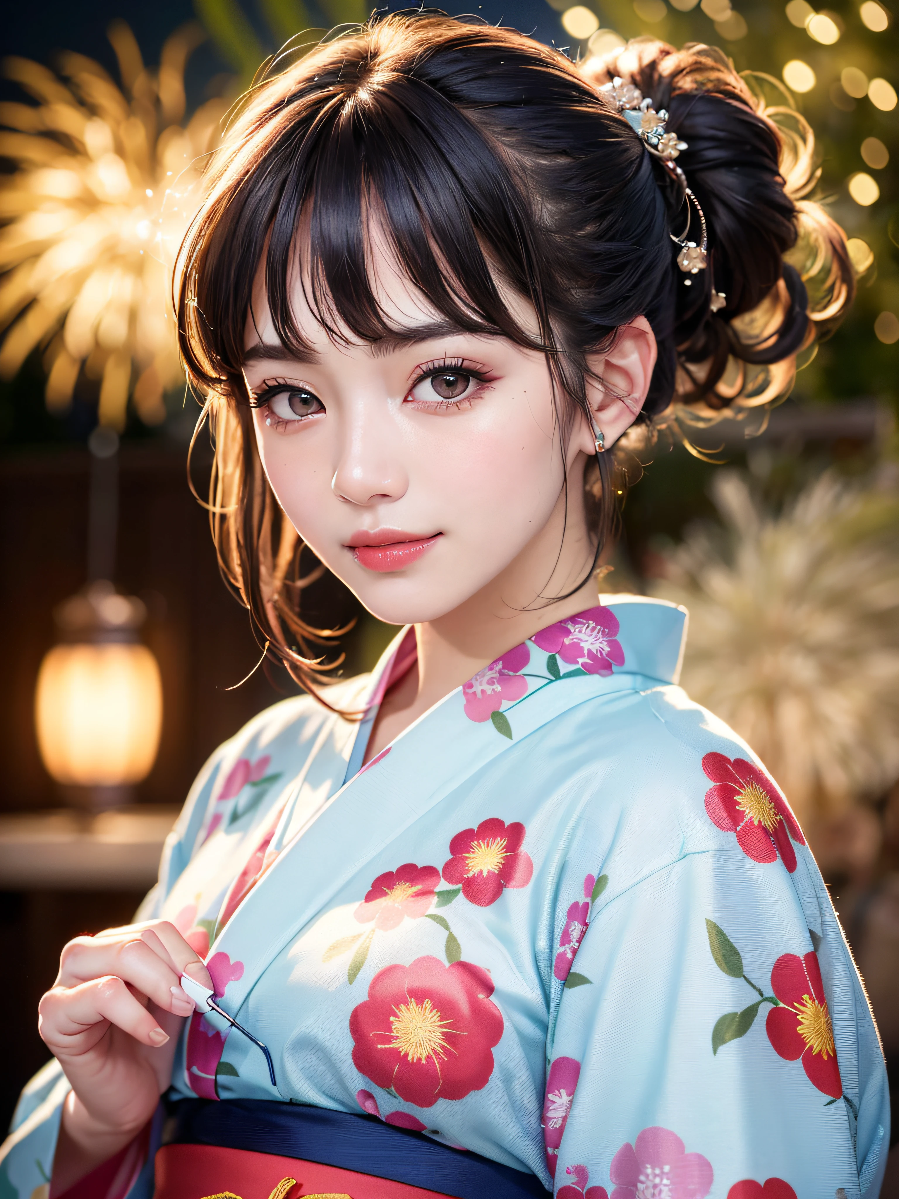 (realistic, photo-realistic:1.37), (masterpiece:1.2), (best quality:1.4), (ultra high res:1.2),(RAW photo:1.2), (sharp focus:1.3), (face focus:1.2), vibrant details, hyperrealistic, (full body:1.37), (1girl wearing detailed yukata:1.5), (23yo:1.1), (happy smile:1.35), (extremely detailed beautiful face and eyes:1.4), (extremely detailed beautiful hair:1.4),delicate composition,(posing), (young hands:1.2), medium breast, flower hair ornament,(Updo hair:1.3),( lipgloss, eyelashes, gloss-face, glossy skin, best quality, ultra highres, depth of field, chromatic aberration, caustics, Broad lighting, natural shading,Kpop idol:1.2) looking at viewer with a serene and goddess-like happiness,BREAK,
(Beautiful fireworks in the night sky background:1.2),(japanese summer festival:1.1), scenery, bangs, beautiful detailed eyes, makeup, looking at viewer, (cute), (soft lighting), finely detail,