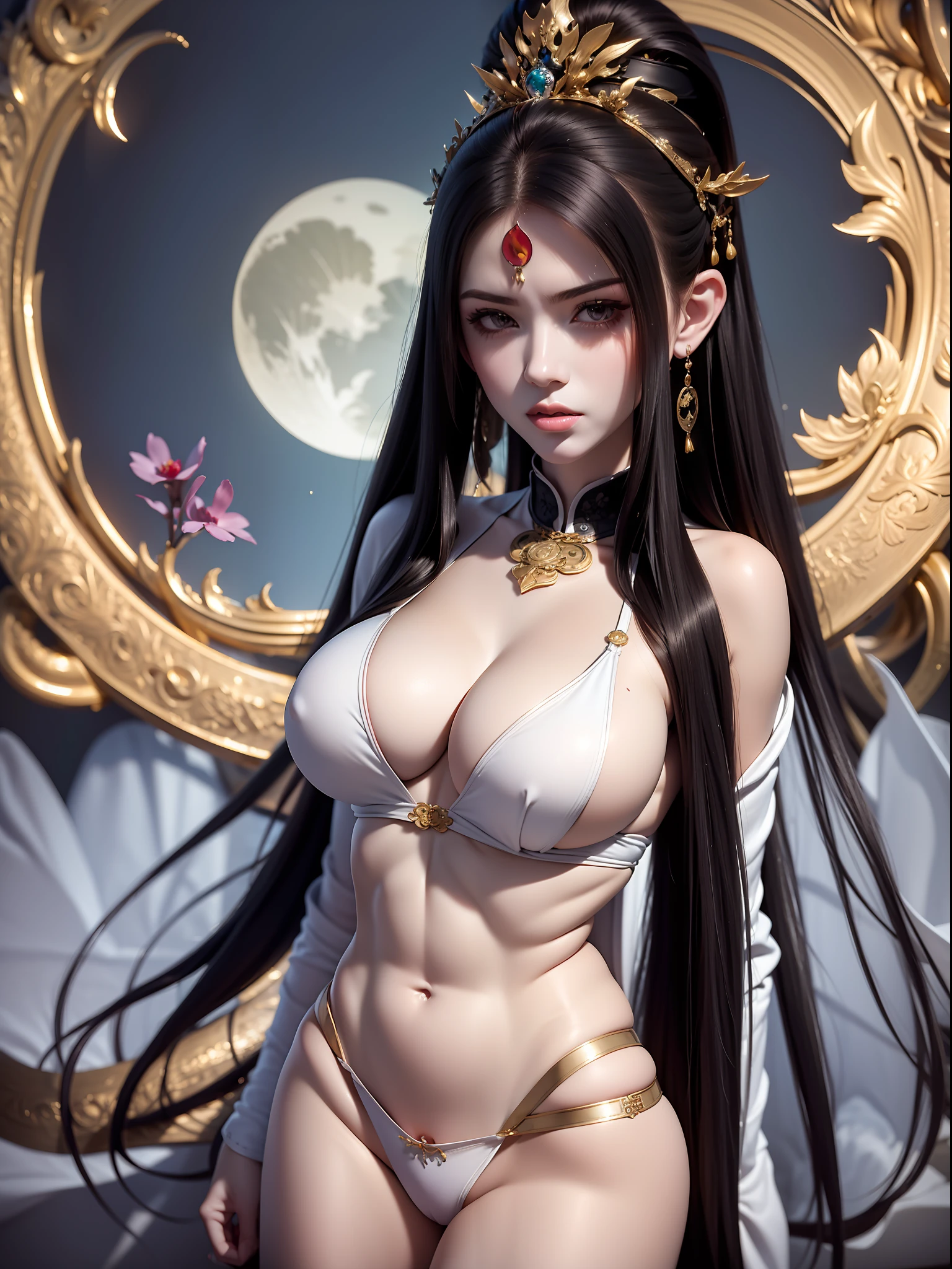 Master works, masterpieces, high quality, extreme detail, classical beauty, (1 female, 25 years-old, huge oppai), ((black long hair)), standing, ((Hands hidden in sleeves)), (pure white loose Taoist robes) (bikini: 1.4), ((delicate face)), (best details)), ((black eyes)), (golden Taoist headdress), ((black gloves)), ((Clench fists)), (long Taoist socking)), sun, moon and star background, ambience, peach blossoms