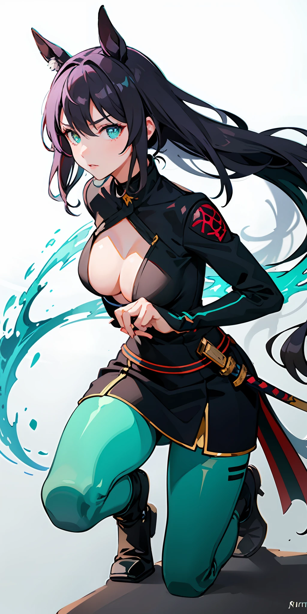 full bodyesbian,1girll,whaite hair,horse tailed,Purple pupils,(ninjartist),short sword,middlebreast,围巾,Wallpapers,Magic array background,light particules,Green fire,on one knee,Keep your eyes on the front,Eyes locked,Combat posture,