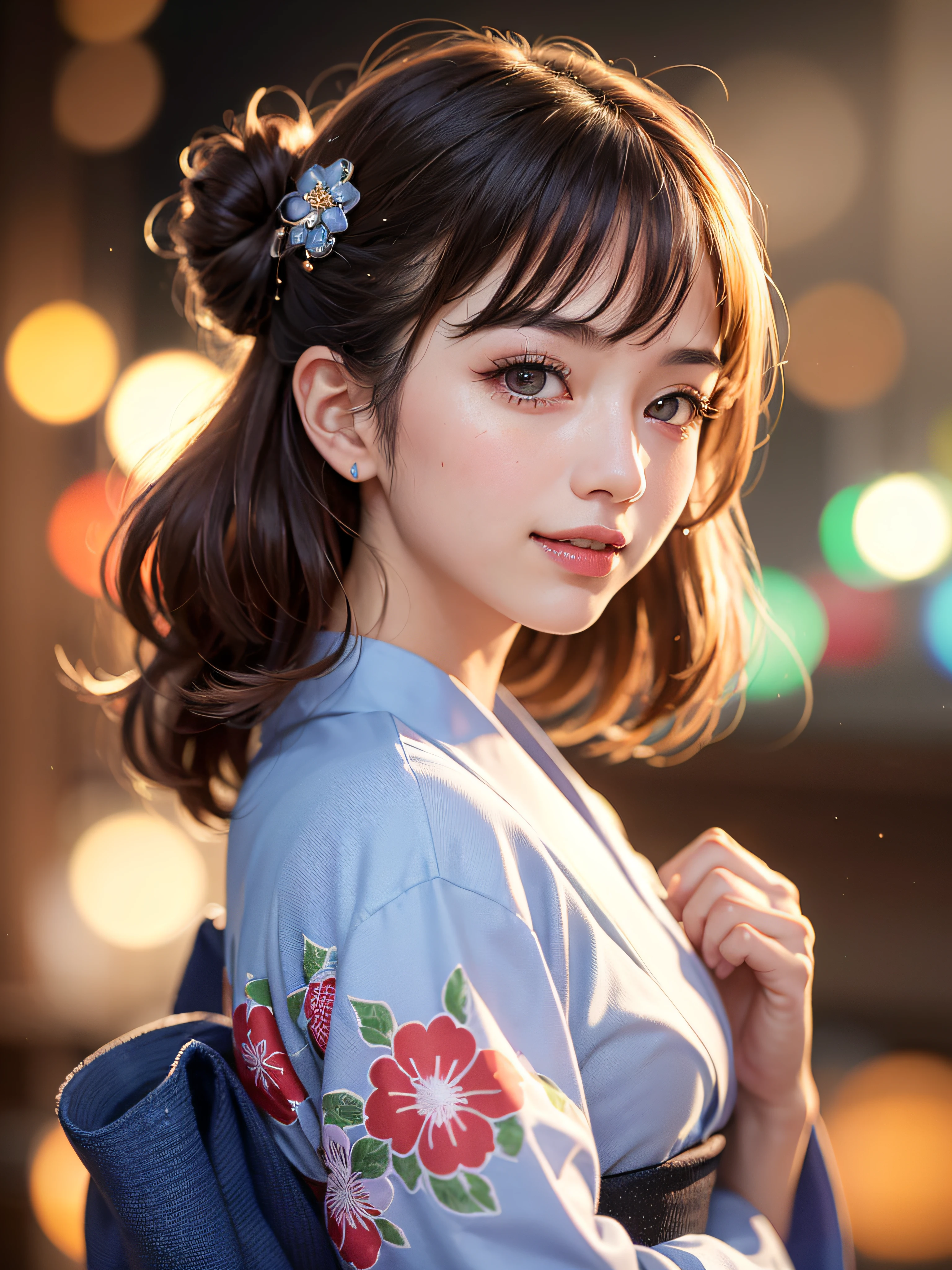 (realistic, photo-realistic:1.37), (masterpiece:1.2), (best quality:1.4), (ultra high res:1.2),(RAW photo:1.2), (sharp focus:1.3), (face focus:1.2), vibrant details, hyperrealistic, (full body:1.37), (1girl wearing detailed yukata:1.5), (23yo:1.1), (happy smile:1.35), (extremely detailed beautiful face and eyes:1.4), (extremely detailed beautiful hair:1.4),delicate composition,(posing), (young hands:1.2), medium breast, flower hair ornament,(Updo hair:1.3),( lipgloss, eyelashes, gloss-face, glossy skin, best quality, ultra highres, depth of field, chromatic aberration, caustics, Broad lighting, natural shading,Kpop idol:1.2) looking at viewer with a serene and goddess-like happiness,BREAK,
(Beautiful fireworks in the night sky background:1.2),(japanese summer festival:1.1), scenery, bangs, beautiful detailed eyes, makeup, looking at viewer, (cute), (soft lighting), finely detail,