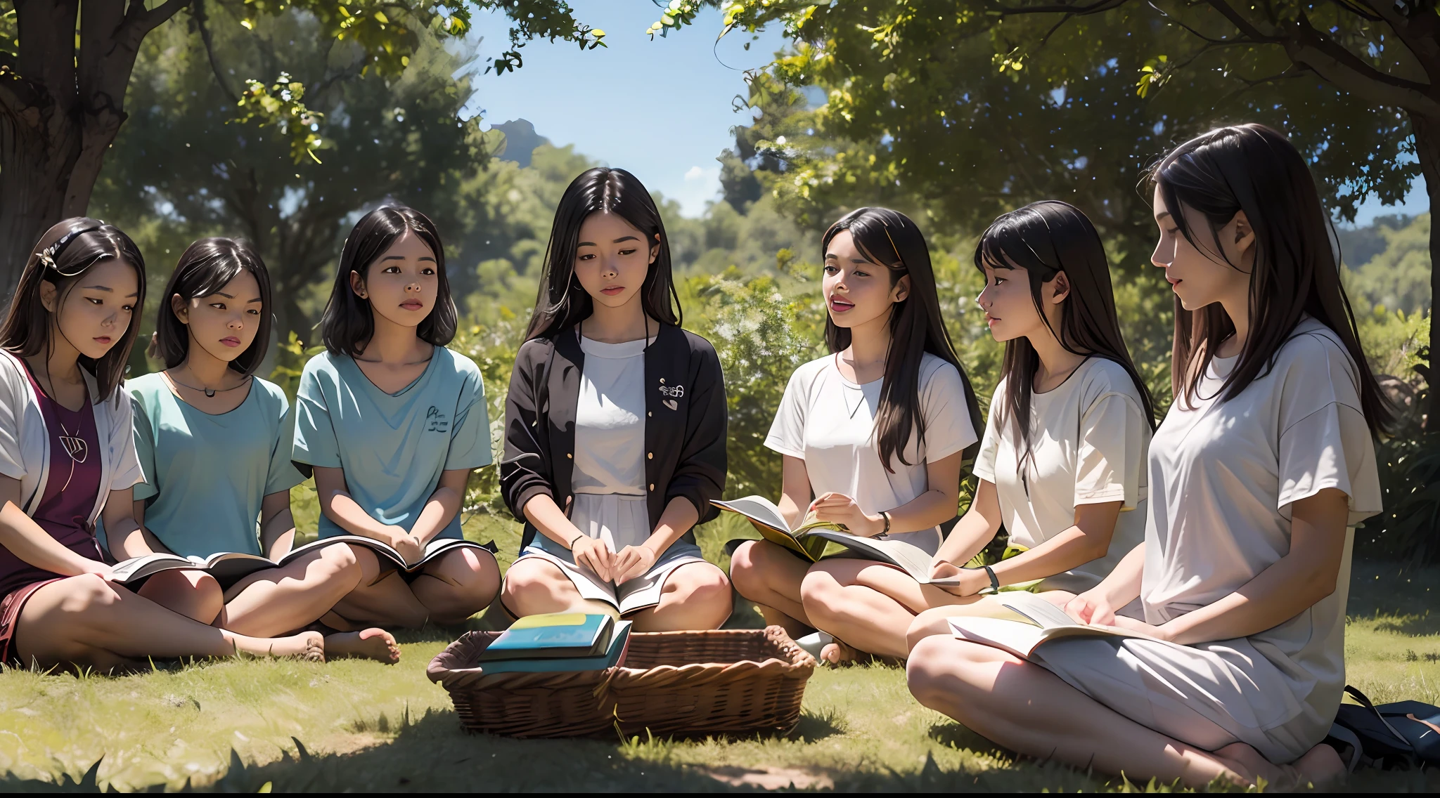 jovens estudando ao ar livre, open space, dia de sol, jovens em contato com a natureza, aprendizagem, professores, experimentos na natureza, imagens realistas, (detalhes delicados), people of different races and ethnicities, jovens meditando, contemplation of nature