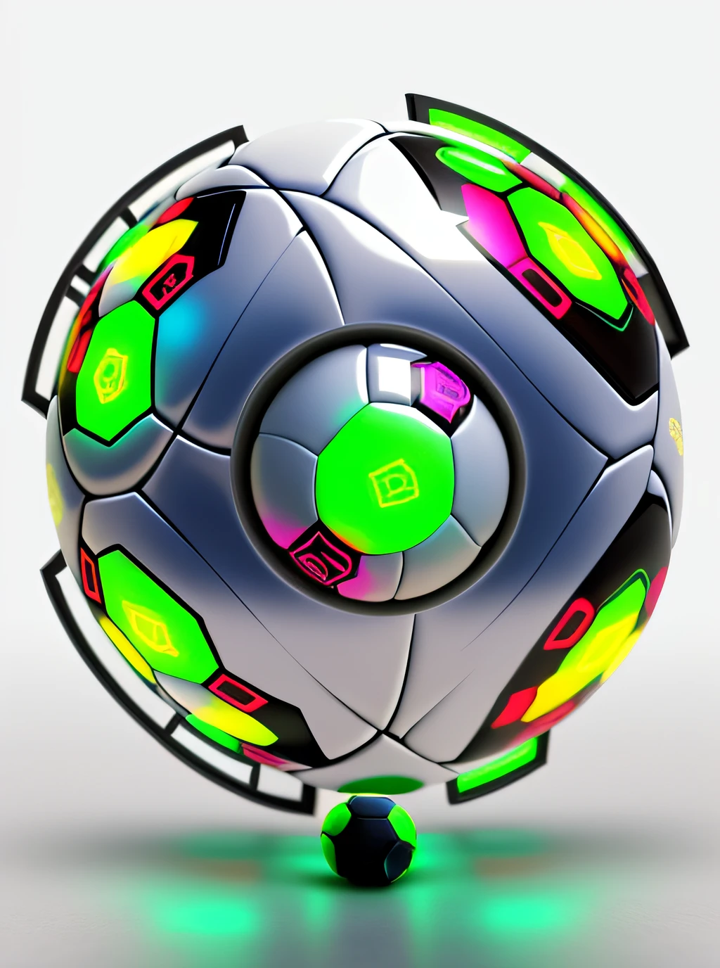 Robotic soccer ball with segments separated from each other, futurista, steampunk, realista, Luces de neon, dorado, metal desgastado, metal roto
