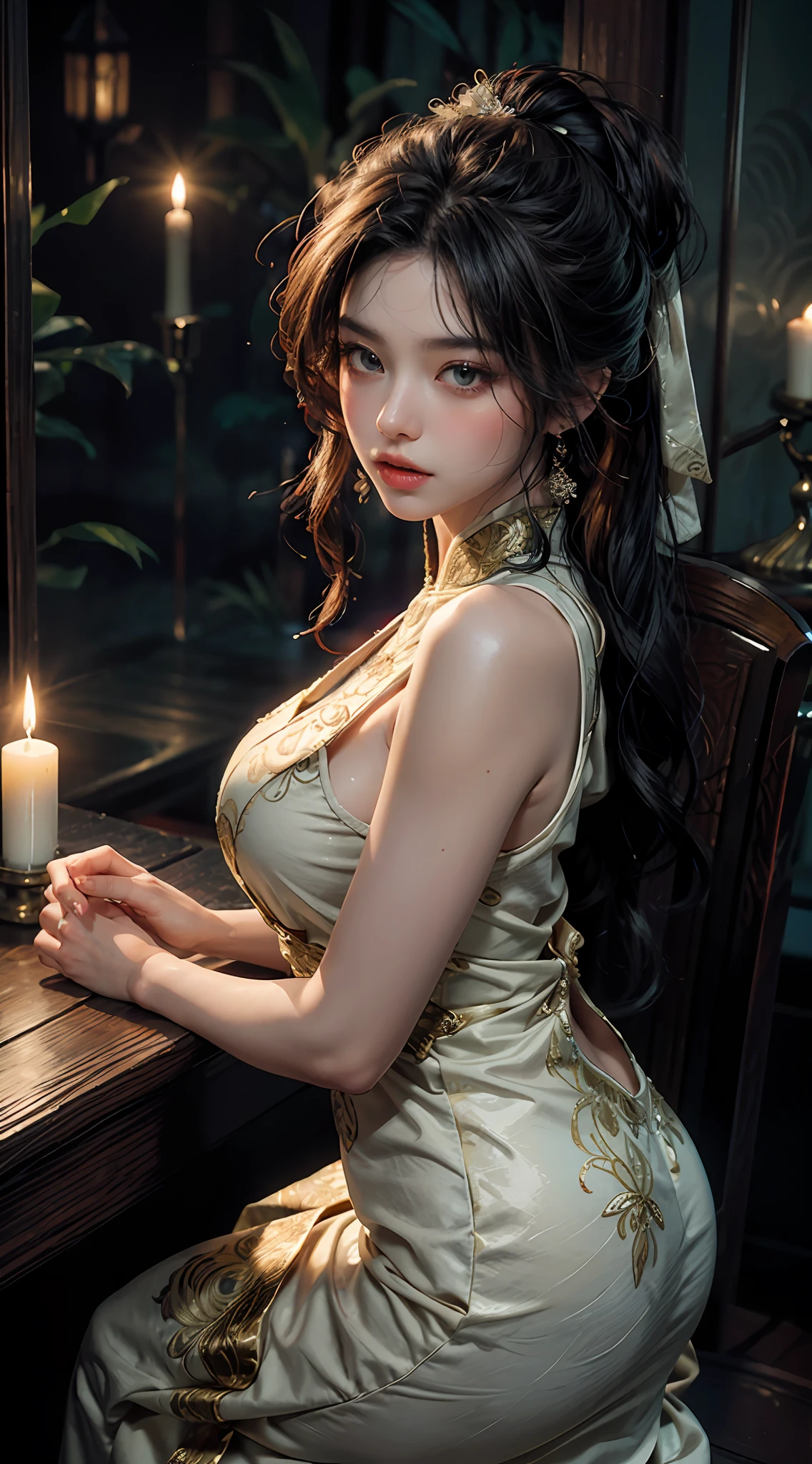 The art depicts a charming woman dressed in a flowing, silky traditional oriental dress decorated with intricate patterns and bright colors. Her dress drapes elegantly over her curvy figure, accentuating her seductive silhouette. She stood gracefully in the quiet moonlit night, bathed in the soft glow of the moonlight. The scene exudes an ethereal and dreamy atmosphere, with a touch of mystery and sexiness. The graphic style blends watercolor and digital illustration techniques to evoke a refined beauty and charm. The candlelight is filled with soft moonlight, casting soft highlights and shadows on her charming features.