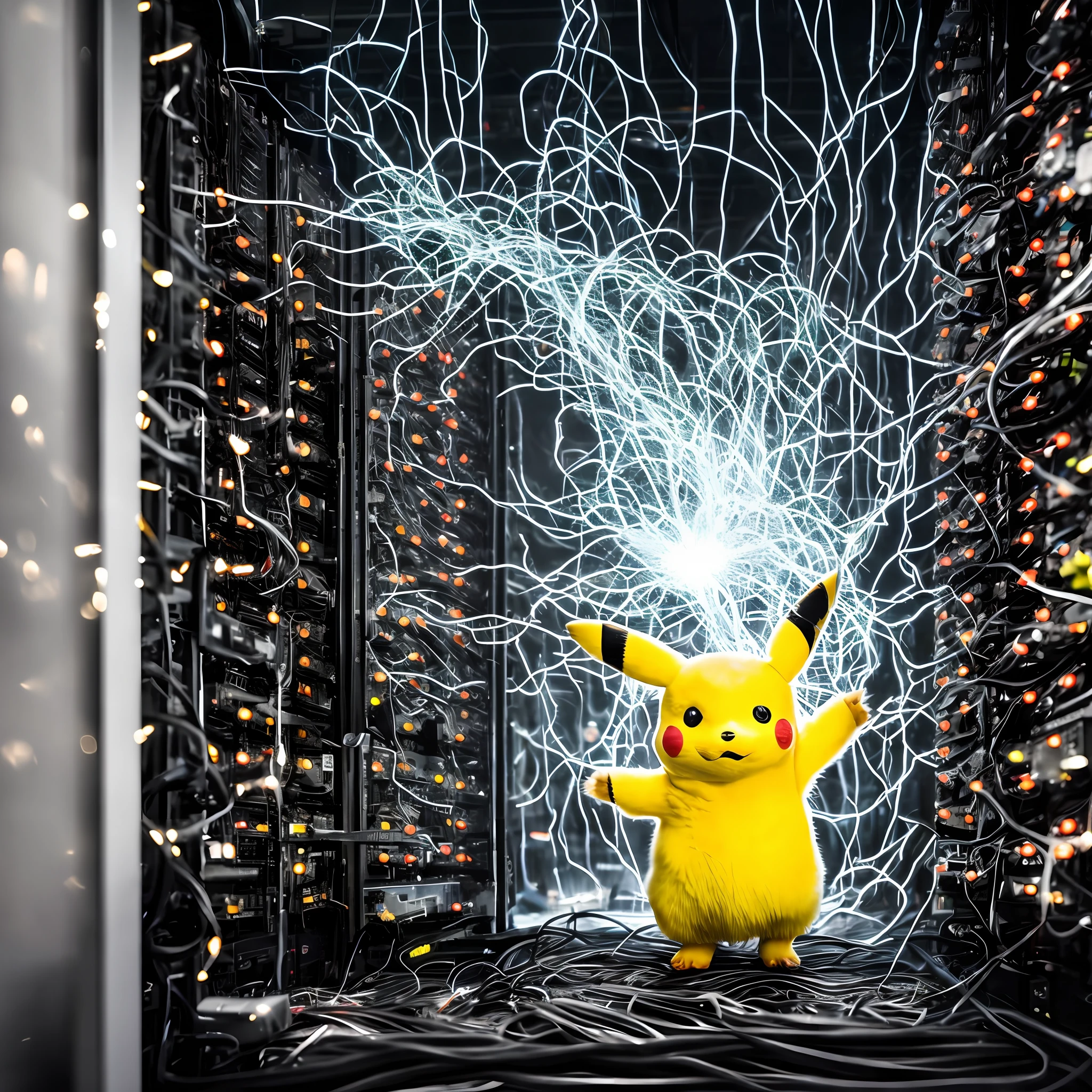 8k, raw, dramatic photography of furry glowing pikachu in server room, white lightnings, white electric sparks from his hands, many cables on the floor, electric sparks from his body