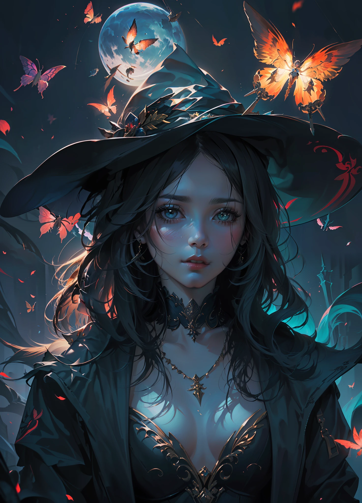 Bruja con sombrero de mariposa y collar de mariposas en el bosque, Fantasy art style, fantasy art behance, Retrato de una joven bruja, Artgerm y Atey Ghailan, Arte digital detallado 4K, Retrato de una joven bruja, Fantasy style art, dark fantasy style art, Artgerm extremadamente detallado, Hermosa hechicera, hermosa bruja hembra