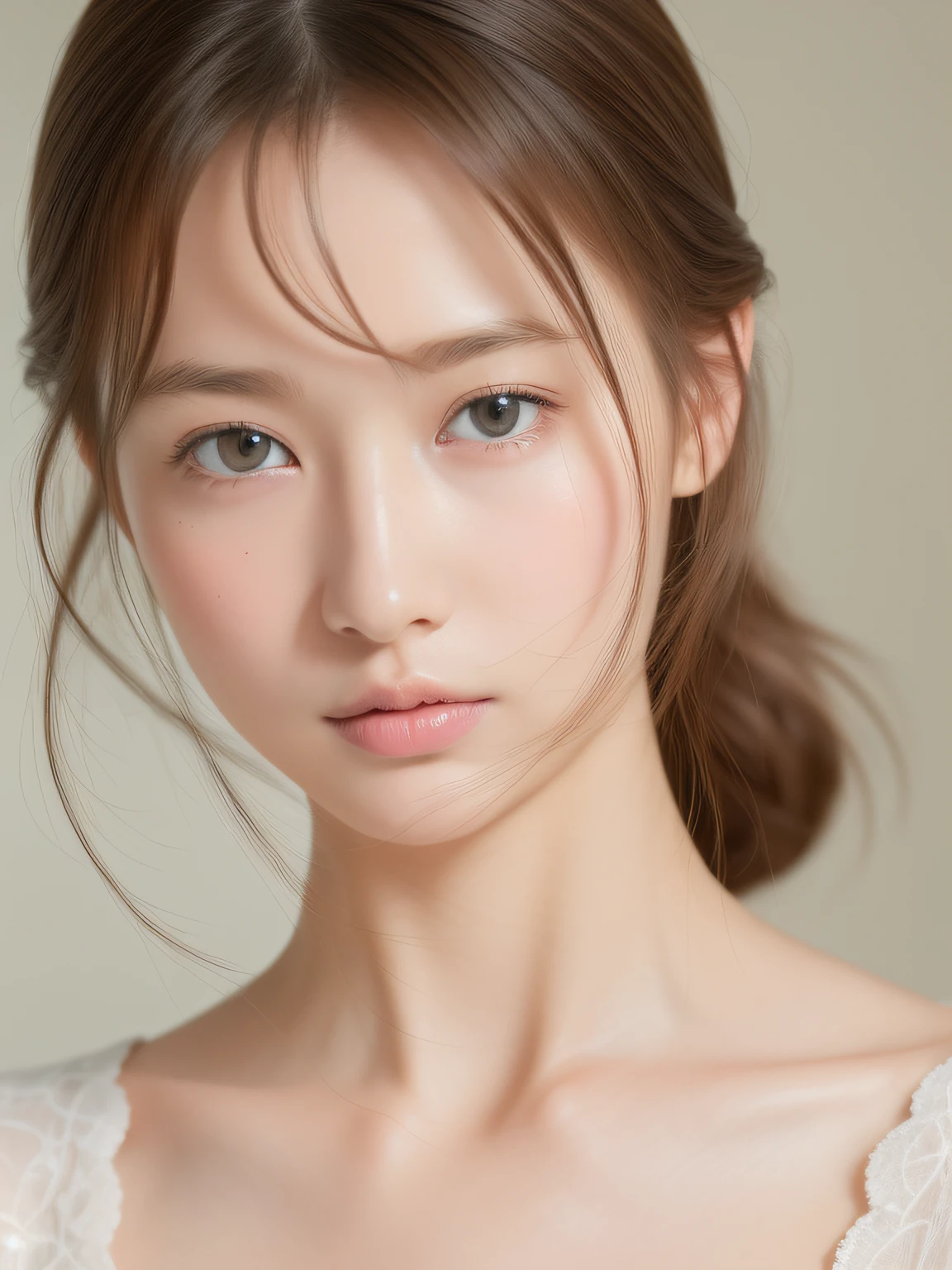 (top-quality:1.5)、(​masterpiece:1.5)、(hight resolution:1.5)、(RAW Photos:1.5)、reallistic、Photorealsitic、High Details、film grains、Detail Skin、natural soft light、bilaterally symmetrical、8K、extremely delicate and beautiful illustration、
1girl in、Random Hairstyles、Slim Leg、delicate and pretty、face perfect、beautidful eyes、fair white skin、Real human skin、pores、（Japan student：1.2）、a baby face、from waist up、Sheer Camisole One Piece、large full breasts、
