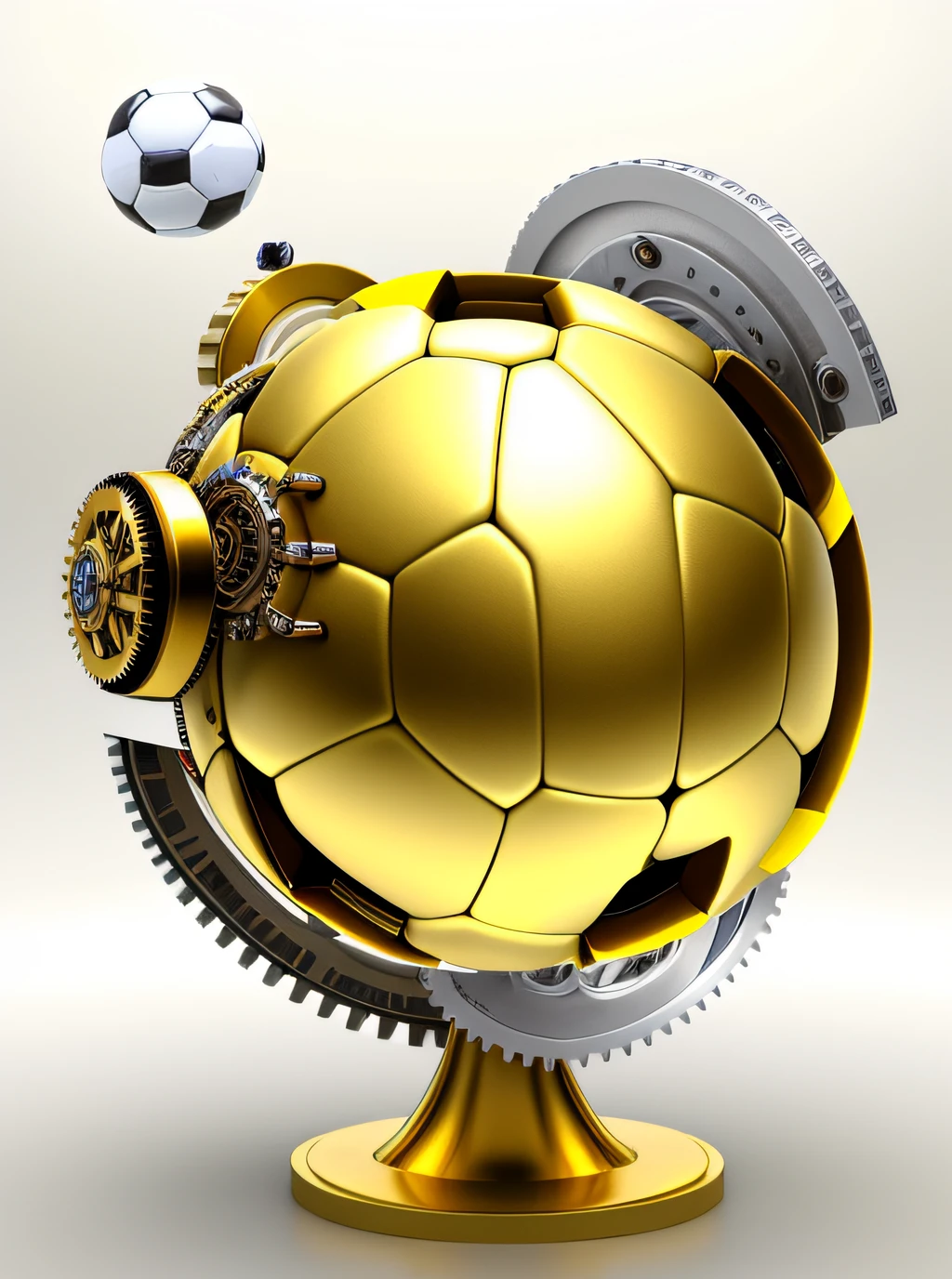 Mechanical soccer ball made of golden metal, con engranajes, tuercas, pistones y mecanismos, FUTURISTICA, steampunk, realista, Luces,