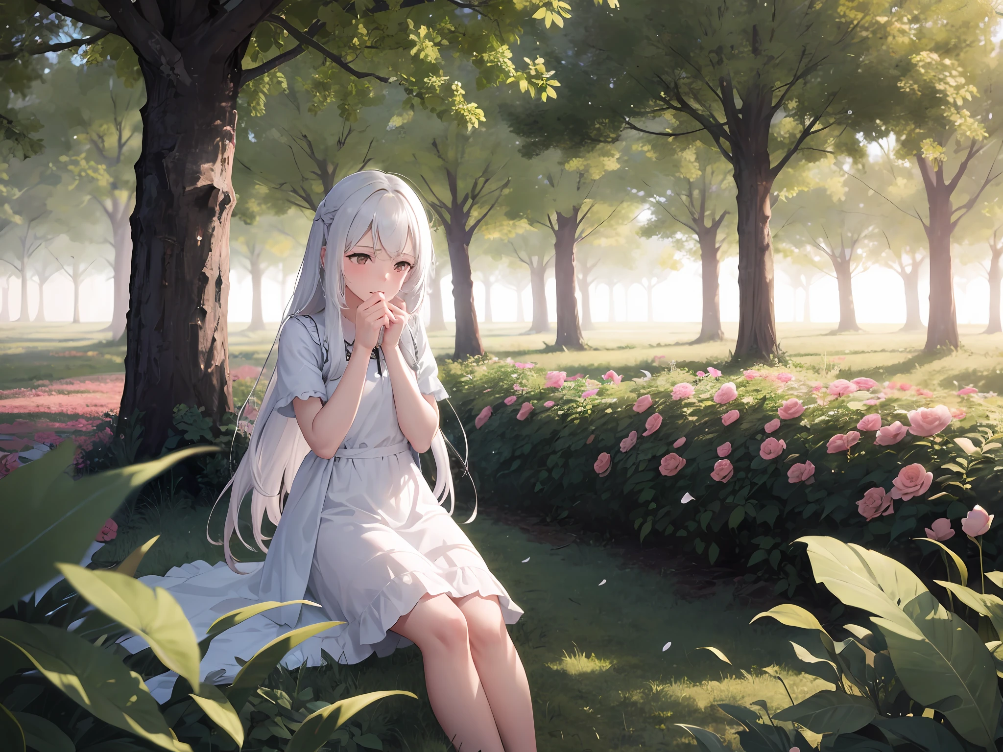 1 girl with long white hair sits in a field of green plants and flowers, puts her hands under her chin, warm lights, white dress, blurry foreground