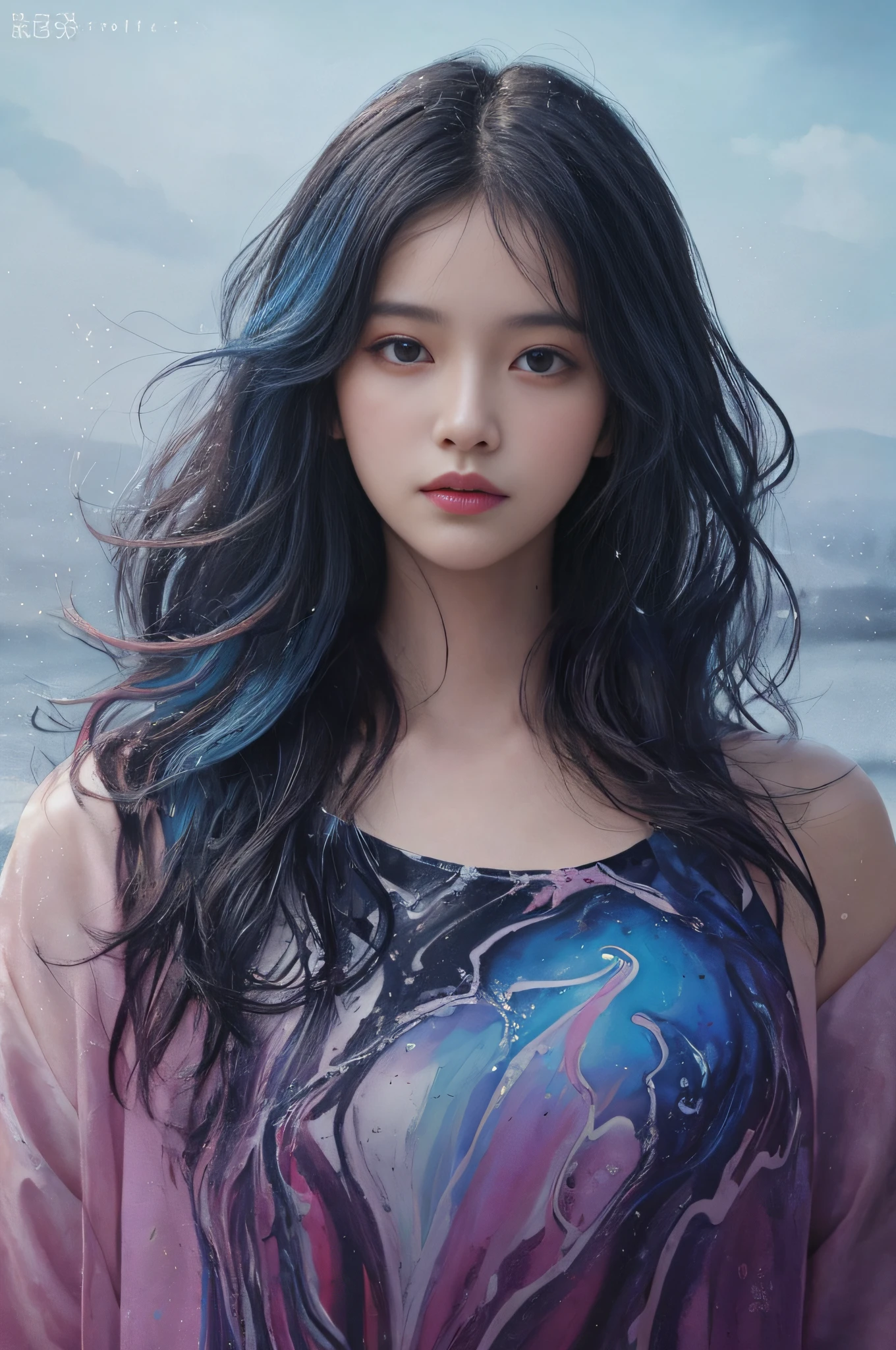 Colorful beautiful girl:A 28-year-old girl,messy hair,oil painted,perfect face,Soft skin perfect face,blue yellow colors,Light purple and violet color added,Light red color added,Complicated details,Splash screen,8K分辨率,tmasterpiece, cute face, ArtStation digital painting is smooth and very black ink flow:8k resolution photorealistic masterpiece:intricately detailed fluid gouache painting:Written by Jean Baptiste Mongue:caligraphy:propylene:water color art,professional photoshooting,natural lightting,Volumetric lighting minimalist photographic illustration:Written by Marton Bobzert: ,复杂,ellegance,sprawling,dream magical,Wavy hair,with dynamism