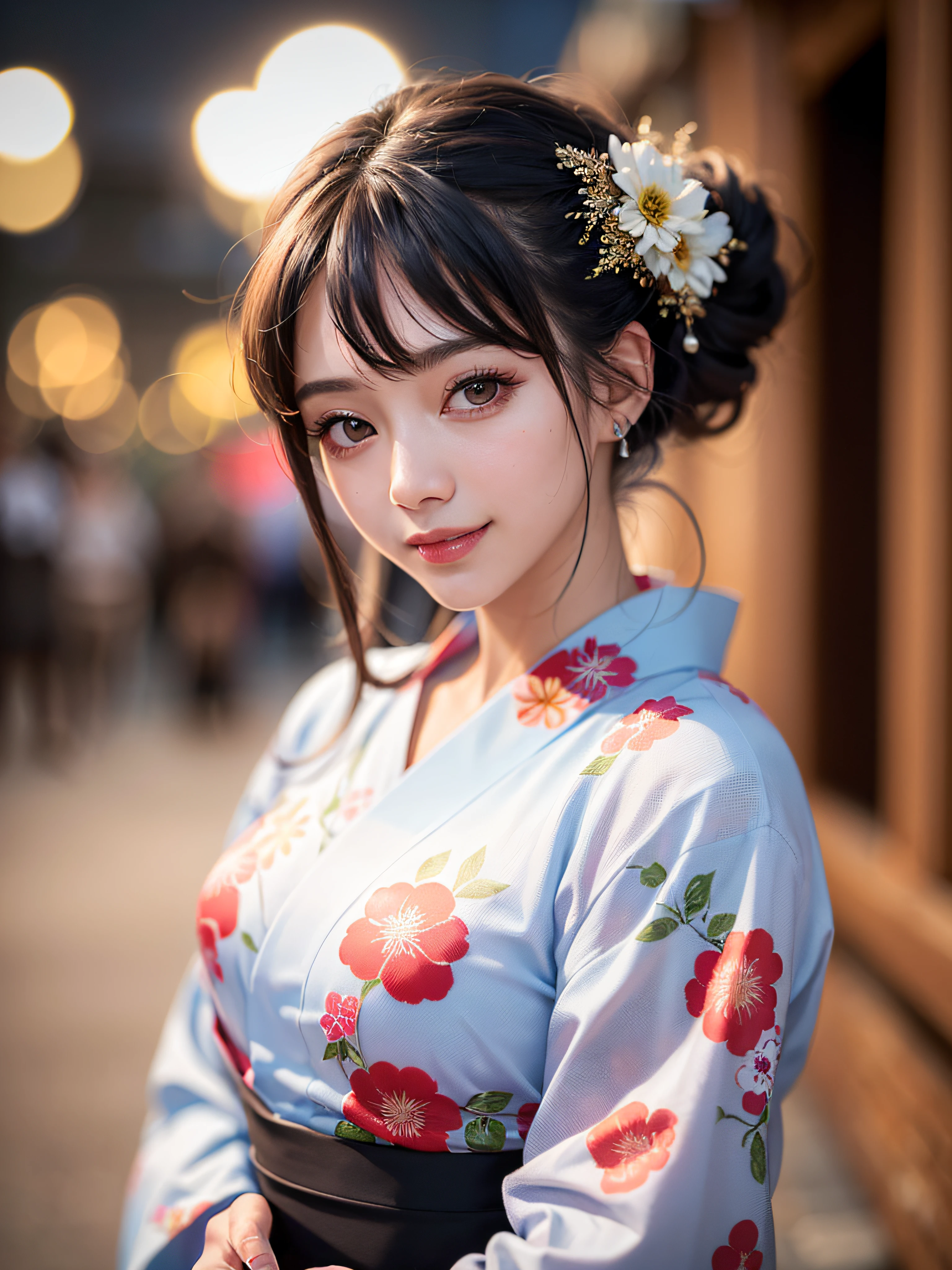 (realistic, photo-realistic:1.37), (masterpiece:1.2), (best quality:1.4), (ultra high res:1.2),(RAW photo:1.2), (sharp focus:1.3), (face focus:1.2), vibrant details, hyperrealistic, (full body:1.37), (1girl wearing detailed yukata:1.5), (23yo:1.1), (happy smile:1.35), (extremely detailed beautiful face and eyes:1.4), (extremely detailed beautiful hair:1.4),delicate composition,(posing), (young hands:1.2), medium breast, flower hair ornament,(Updo hair:1.3),( lipgloss, eyelashes, gloss-face, glossy skin, best quality, ultra highres, depth of field, chromatic aberration, caustics, Broad lighting, natural shading,Kpop idol:1.2) looking at viewer with a serene and goddess-like happiness,BREAK,
(Beautiful fireworks in the night sky background:1.2),(japanese summer festival:1.1), scenery, bangs, beautiful detailed eyes, makeup, looking at viewer, (cute), (soft lighting), finely detail,