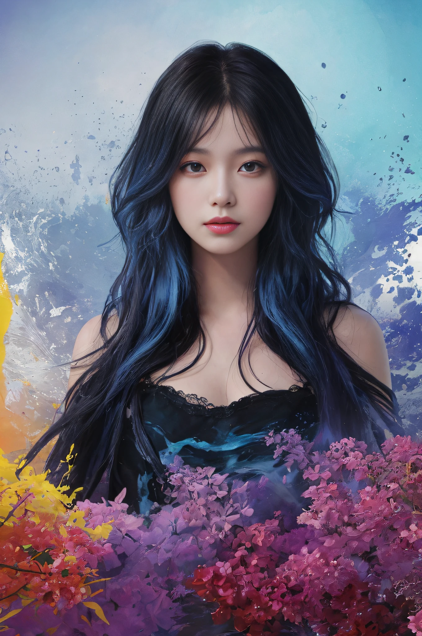 Colorful beautiful girl:A 28-year-old girl,messy hair,oil painted,perfect face,Soft skin perfect face,blue yellow colors,Light purple and violet color added,Light red color added,Complicated details,Splash screen,8K分辨率,tmasterpiece, cute face, ArtStation digital painting is smooth and very black ink flow:8k resolution photorealistic masterpiece:intricately detailed fluid gouache painting:Written by Jean Baptiste Mongue:caligraphy:propylene:water color art,professional photoshooting,natural lightting,Volumetric lighting minimalist photographic illustration:Written by Marton Bobzert: ,复杂,ellegance,sprawling,dream magical,Wavy hair,with dynamism