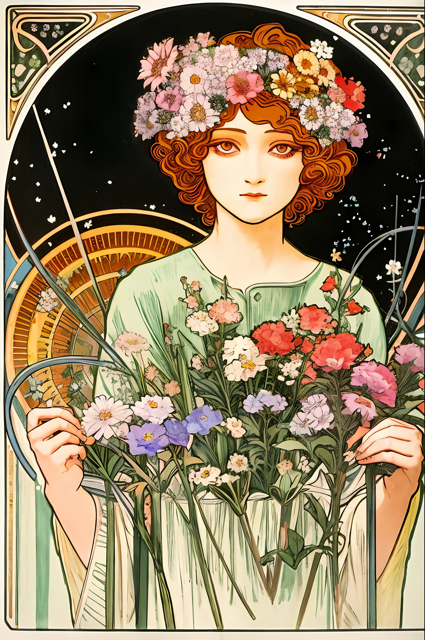 (art nouveau:1.25), Maximalism artstyle,neon theme,suprematism,beautiful detailed flower, beautiful detailed eyes,hyper detailed,flower,hyper quality,,eyes,flower and hair is same color,beautifuly color,face,her hair is becoming flower, flower,hair,flower,butterfly,,1girlkawaii,,high details, high quality,back light,hair and clothes is flower,upper body ,high quality,hair with body ,webbed dress, upper body, flower leg, flower hands,body with flower,    flower with clothes , dress with flower, , light particles,black background,  Hair with flower,small breast with flower,floating hair with flower,floating1girl,small breast,  marbling with hair and clothes, looking at viewer,original,arm down, paper cutting, black background, flower forground,  hair with flower,highres, hair with  flower,hair with flower ,hair,  wavy hair ,diffusion lighting, abstract,Butterfly with  body,   flower with hair, her hair is flower,big top sleeves, floating,pupils, [[hair over one eye]],dark