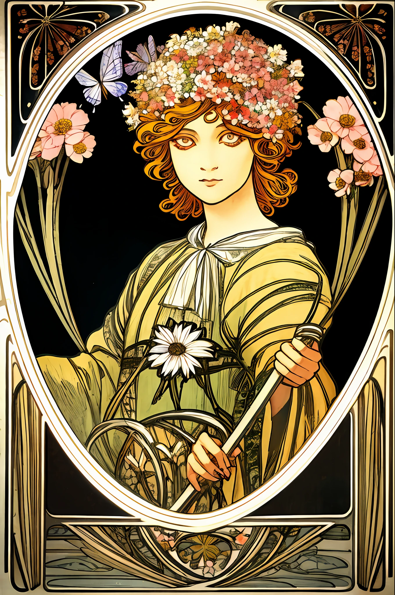 (art nouveau:1.25), Maximalism artstyle,neon theme,suprematism,beautiful detailed flower, beautiful detailed eyes,hyper detailed,flower,hyper quality,,eyes,flower and hair is same color,beautifuly color,face,her hair is becoming flower, flower,hair,flower,butterfly,,1girlkawaii,,high details, high quality,back light,hair and clothes is flower,upper body ,high quality,hair with body ,webbed dress, upper body, flower leg, flower hands,body with flower,    flower with clothes , dress with flower, , light particles,black background,  Hair with flower,small breast with flower,floating hair with flower,floating1girl,small breast,  marbling with hair and clothes, looking at viewer,original,arm down, paper cutting, black background, flower forground,  hair with flower,highres, hair with  flower,hair with flower ,hair,  wavy hair ,diffusion lighting, abstract,Butterfly with  body,   flower with hair, her hair is flower,big top sleeves, floating,pupils, [[hair over one eye]],dark