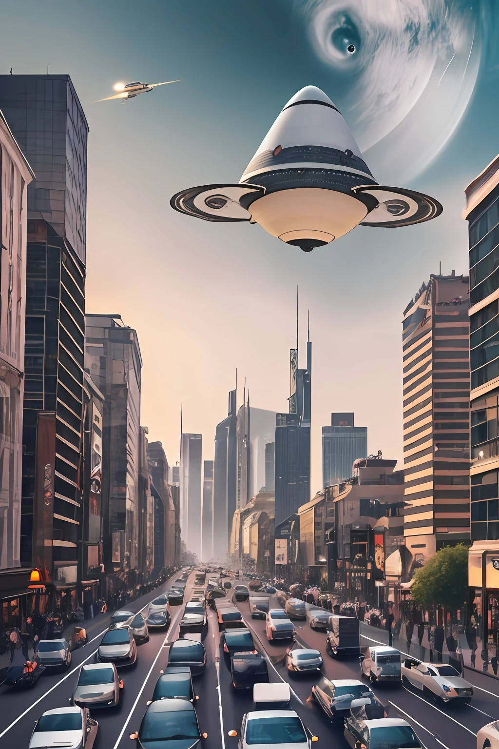 `Berkserk style with dull pastel colors, alien spacecraft landing on busy city street, skyscrapers, center shot, heavy traffic, people gazing at spacecraft in awe,realistic, width 3840 height 2160` --auto --s2