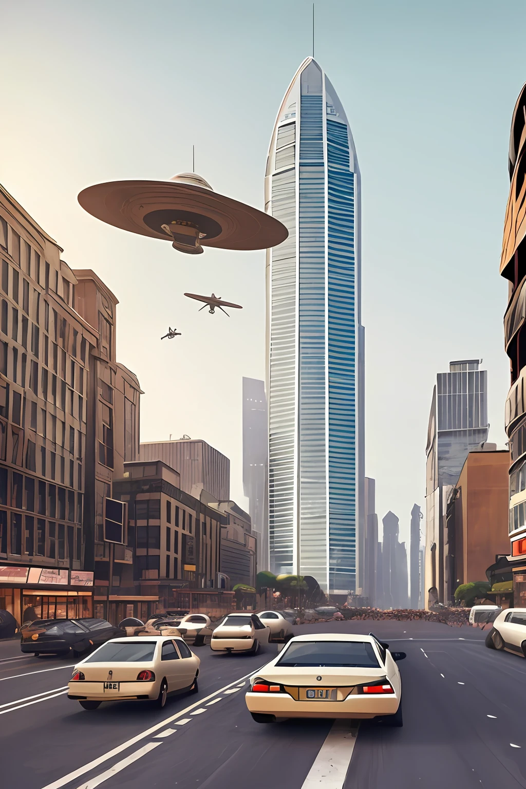 `Berkserk style with dull pastel colors, alien spacecraft landing on busy city street, skyscrapers, center shot, heavy traffic, people gazing at spacecraft in awe,realistic, width 3840 height 2160` --auto --s2