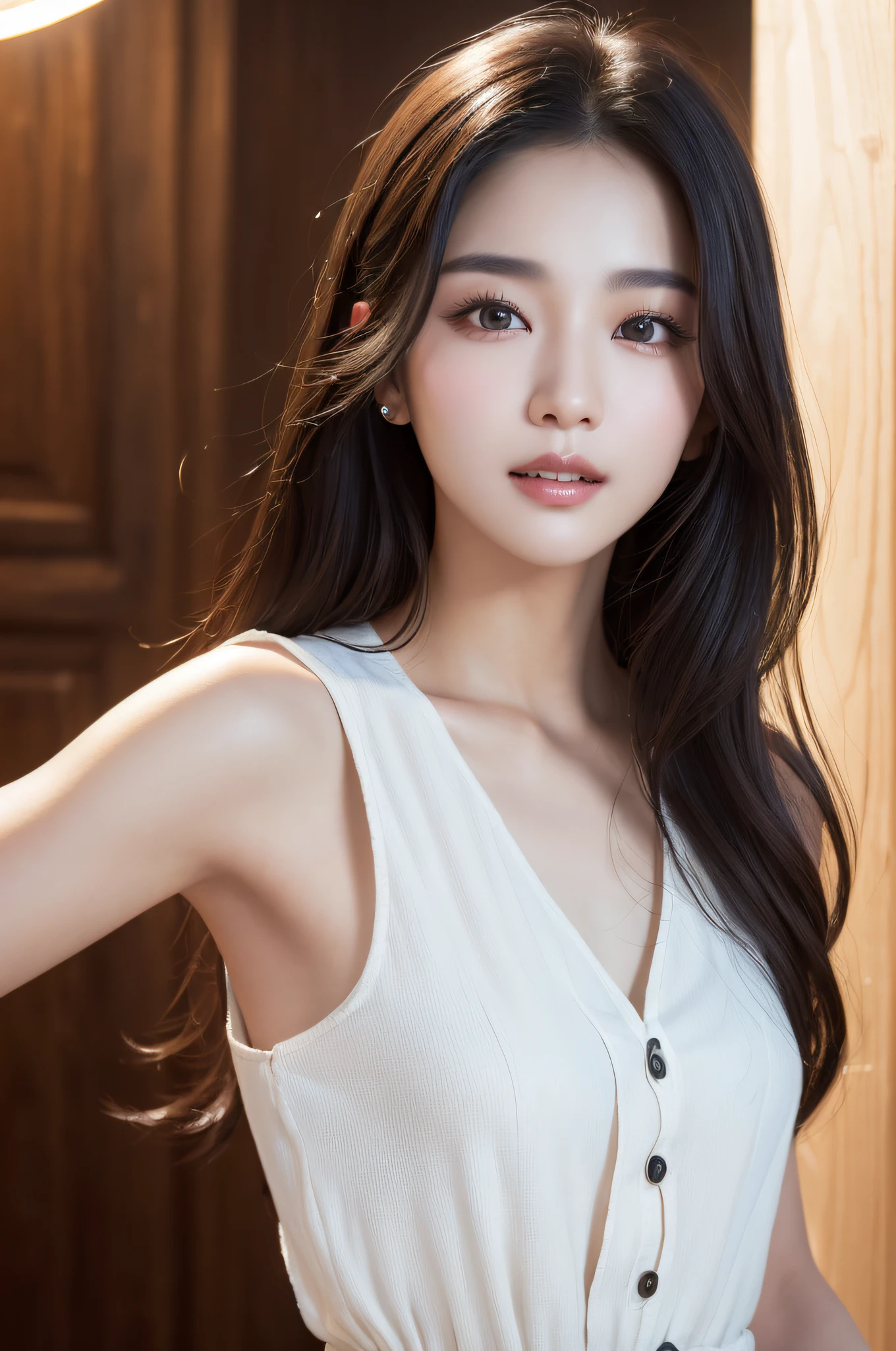 ((best qualtiy、8k masterpieces:1.3))、foco nítido:1.2、(ultra beautiful faces:1.0)、(shinny skin:1.0)、photos realistic、A dark-haired、Video Lighting、High-definition eyes and face、Video Lighting、(cowboy  shot:1.3)、(Korean Cute Actress)、from the front side、medium large breasts、ssmile、Sleeveless、Wearing a white blouse