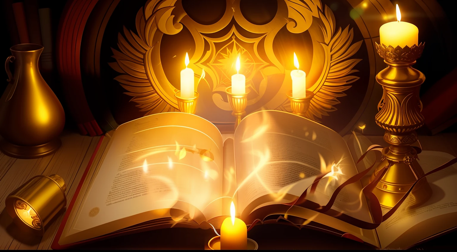 Candles are lit in front of an open book with a lit candle, holy fire spell art, holy flame spell, Iluminado com velas, open magic book glowing, bible illustration, Res:, fantasy book illustration, Directed by: Hristofor Zhefarovich, Directed by: Aleksander Gierymski, spell book, velas acesas, Reading an evil demonic book, biblical art lighting