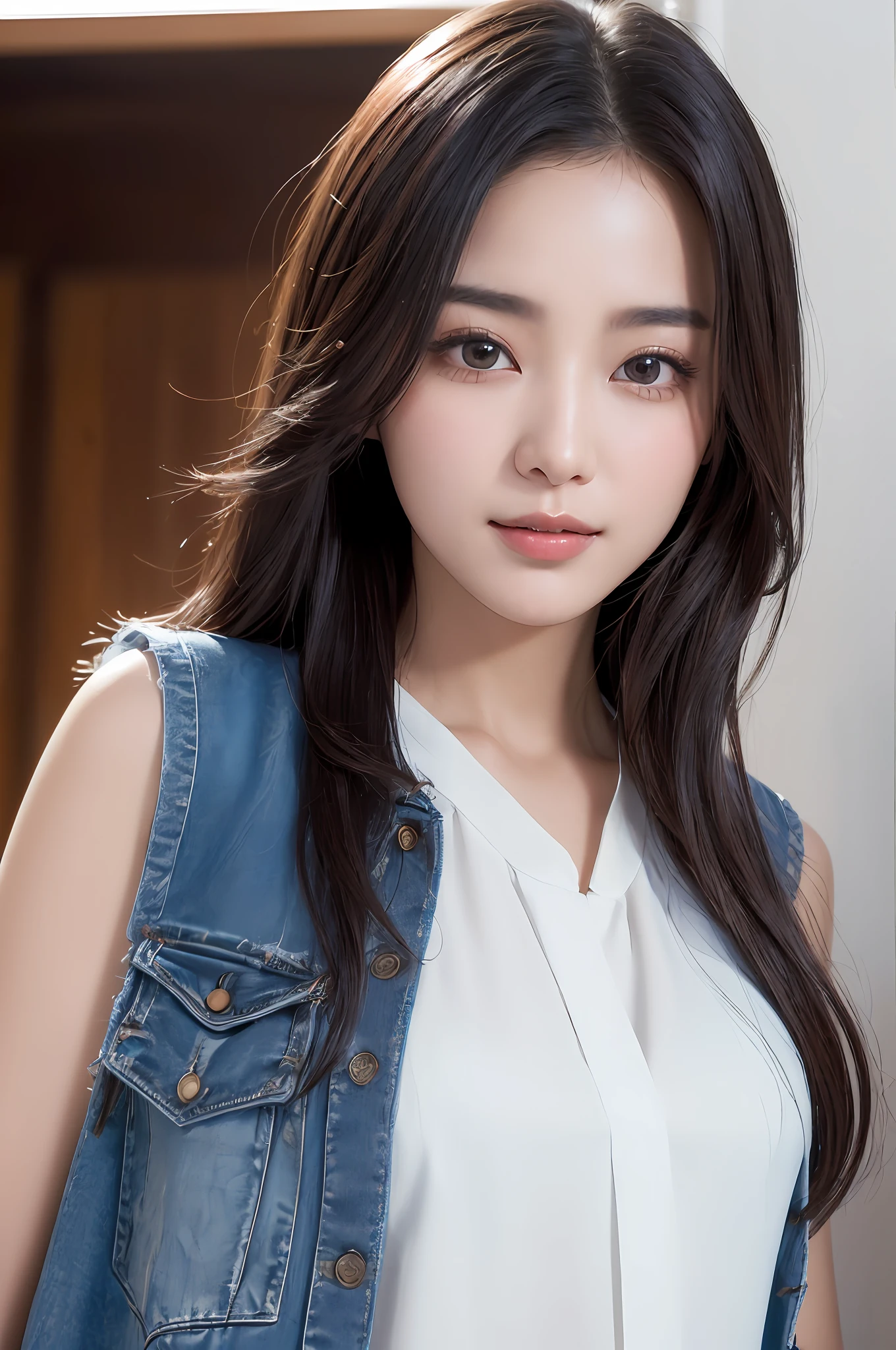 ((best qualtiy、8k masterpieces:1.3))、foco nítido:1.2、(ultra beautiful faces:1.0)、(shinny skin:1.0)、photos realistic、A dark-haired、Video Lighting、High-definition eyes and face、Video Lighting、(cowboy shot:1.3)、(Korean Cute Actress)、from the front side、medium large breasts、ssmile、Sleeveless、Wearing a white blouse