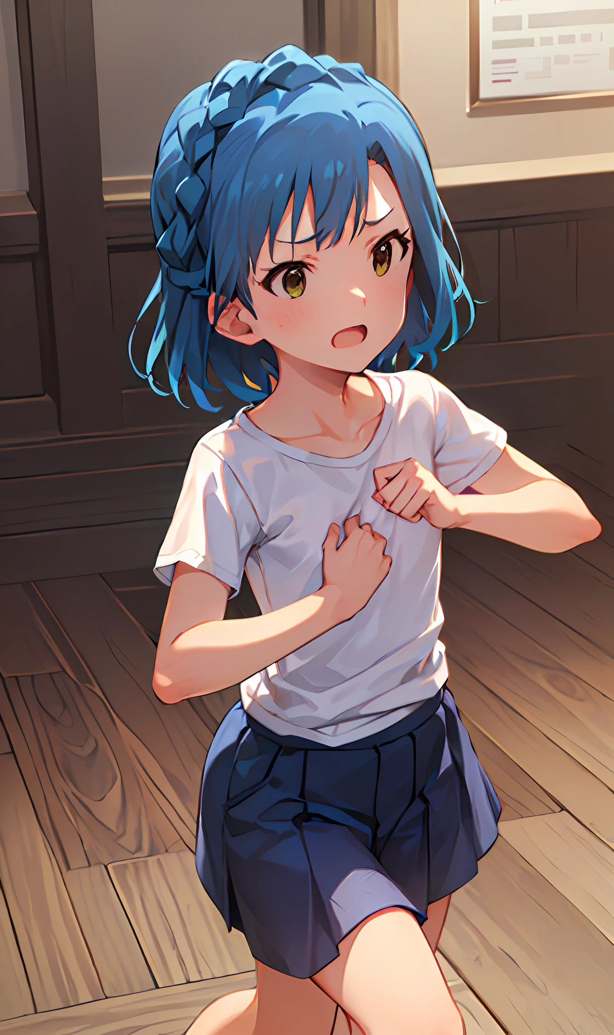 yuriko nanao (million live). Short stature. (((white t-shirts))).(((Skirt))).(((masterpiece))).(((best quality))).((Ultra-detailed))).(((illustratio))). (((fighting stance))).(((a room))).(((make a fist))).(((up chest))).Despair face.(((short-hair))).((Medium chest)).((Opening Mouth)).