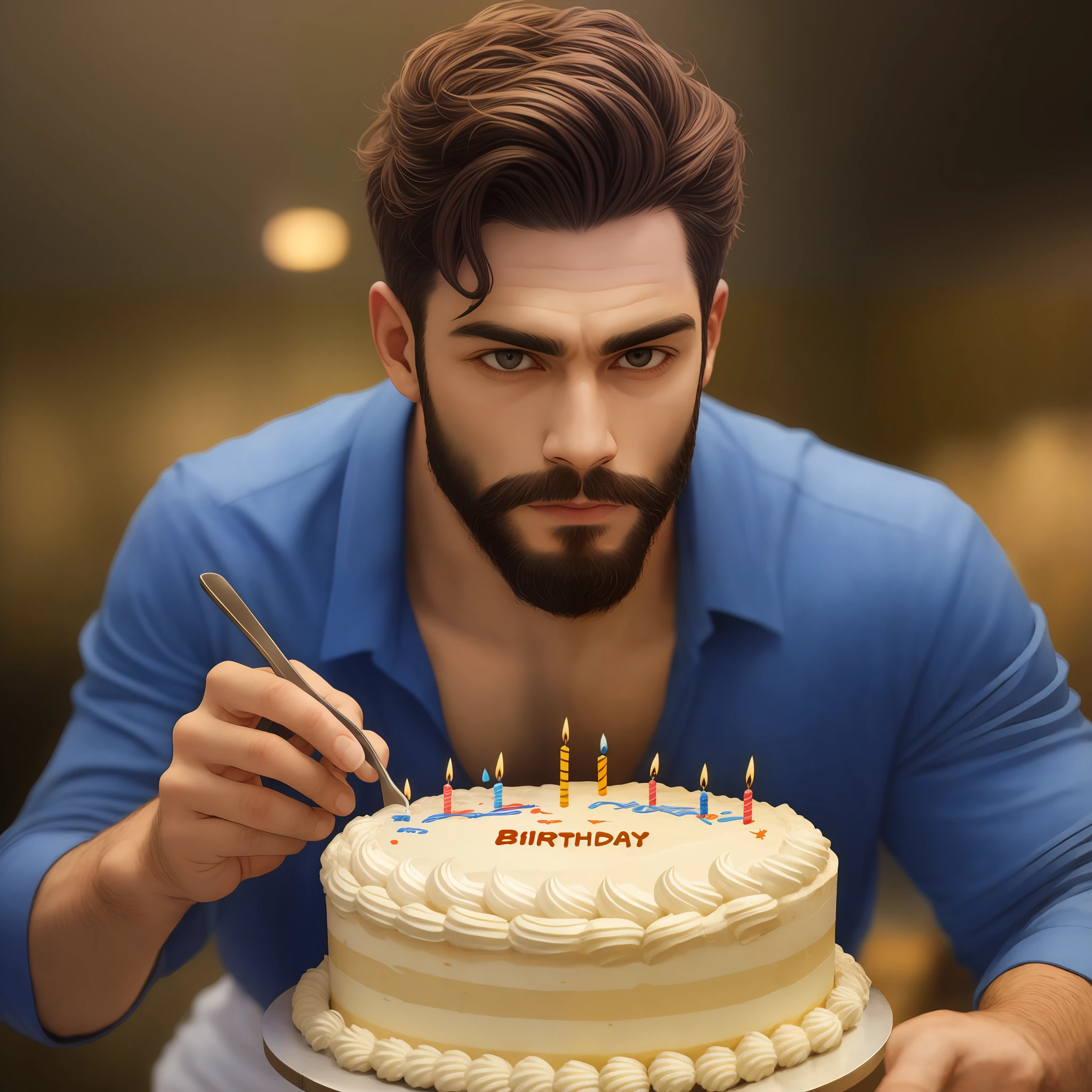 Hombre guapo, barba, with a birthday cake, ultrarrealista, Imagen realista, imagen real, atractivo, Birthday, triste,