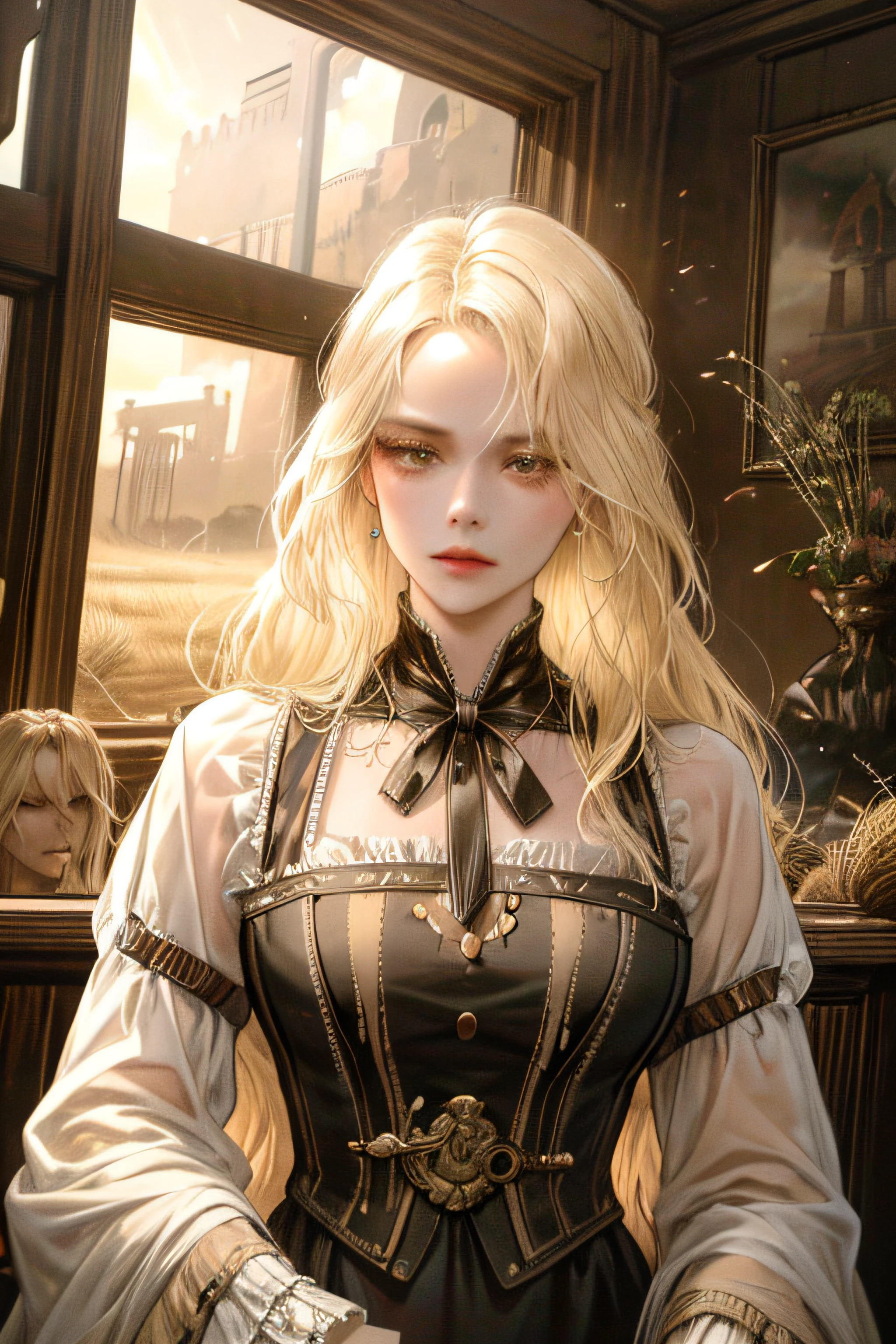 (absurdres, highres, ultra detailed), (1girl), solo, mature, aged up, (wavy long hair:1.3, beige hair),  looking at viewer, solo, upper body, detailed face, (westworld theme:1.1), 18th century wild west, american frontier, outlaw, dynamic pose,     bolo tie, wild west era saloon interior  in background,  tumbleweed,  sunshine,   cinematic atmosphere, , dutch angle