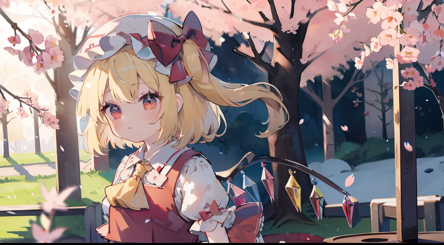 Flanders Scarlet
1 girl,Blonde hair,mob cap,Hair Bow,bowtie,Side Ponytail,Wings,Short sleeves,vests,ascot,cute little、The cherry tree、Sakura blizzard、​masterpiece、Top image quality、top-quality、natta