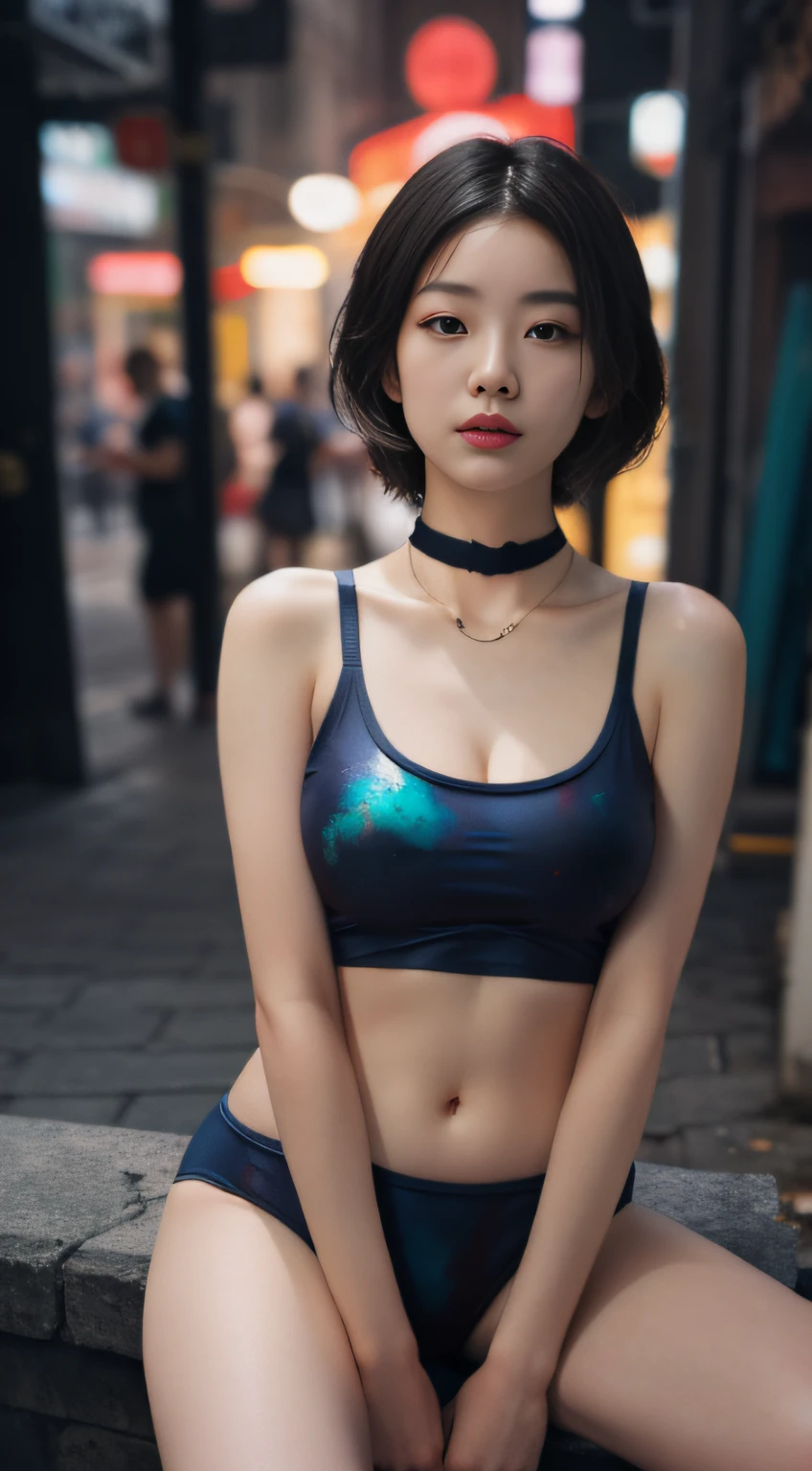 Masterpiece, absurderes, Highly detailed:1.3), dream-state, Digital painting beauty, (Sitting, mature, Slim, Slender,) view the viewer, (Masterpiece), (Best quality:1.2), absurderes, Intricate details, skin indentation, cleavage, Huge breasts, (Highly detailed skin:1.2), (author:Alphonse Mucha Echo Chernik Megan Laura Cho Bingqiang), Sharp focus, Soft and colorful, Centered, symetry, picure, Intricate, voluminetric lighting, Beautiful, rich deep color, Ultra detailed, Digital painting, Mysterious magic, Focused, lush colors, Canon Eos 5d Mark IV and Fujifilm Superia X-TRA 400 film, (Extremely detailed oil painting:1.2), Glow effects, godrays, handpainted, Renders, 8K, rendering by octane, 4 d cinema, blender, Dark, Super delicate atmosphere 4K, cinematic sensual, Sharp focus, humorous illustration, great depth of field, Masterpiece, colours, 3d octane render, 4K, concept-art, trending on artstationh, Hyperrealistic, Vivid colors, Extremely detailed CG unifies 8K wallpapers, trending on artstationh, trending on CGSociety, Intricate, High detail, Dramatic,1girll,Outdoor photography,Standing,bird's eyes view,(tee shirt),stocklings,Abdominal exudate,(Split swimsuit)(((leg loops))),neck rings,((Wear a bracelet,choker necklace))(full bodyesbian:1.5