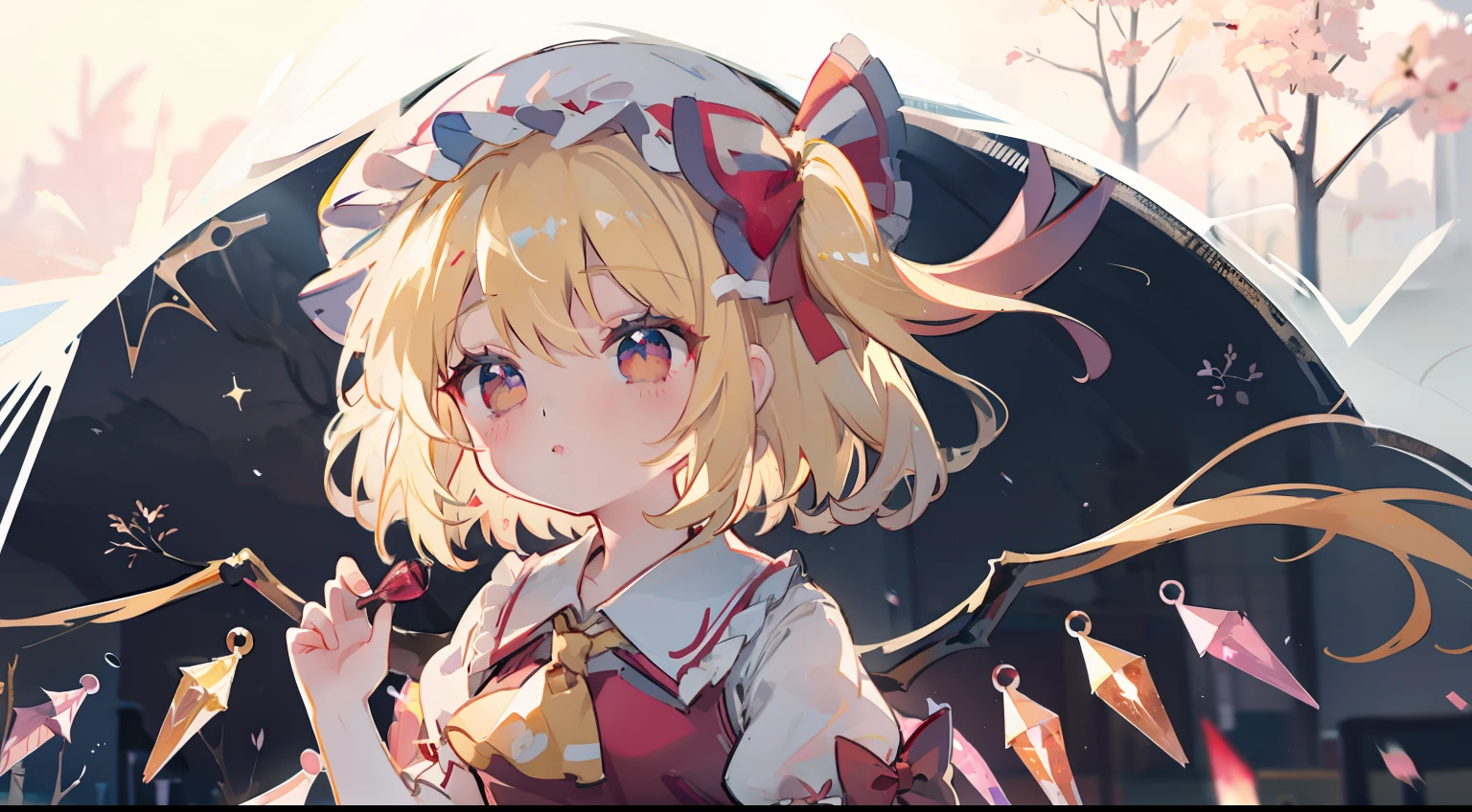 Flanders Scarlet
1 girl,Blonde hair,mob cap,Hair Bow,bowtie,Side Ponytail,Wings,Short sleeves,vests,ascot,cute little、The cherry tree、Sakura blizzard、​masterpiece、Top image quality、top-quality、natta