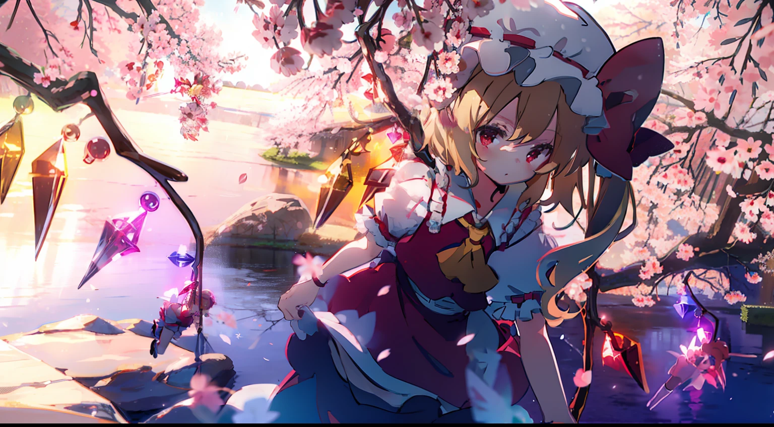 flandre scarlet
1girl,blonde hair,mob cap,hair bow,bowtie,side ponytail,wings,short sleeves,vest,ascot,cute little、The cherry tree、Sakura blizzard、natta、​masterpiece、top-quality、Top image quality