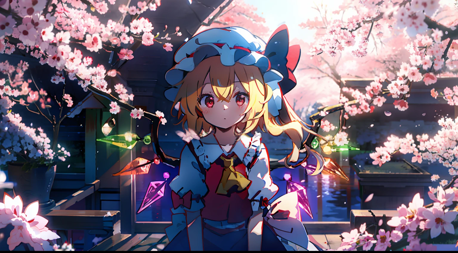 flandre scarlet
1girl,blonde hair,mob cap,hair bow,bowtie,side ponytail,wings,short sleeves,vest,ascot,cute little、The cherry tree、Sakura blizzard、natta、​masterpiece、top-quality、Top image quality