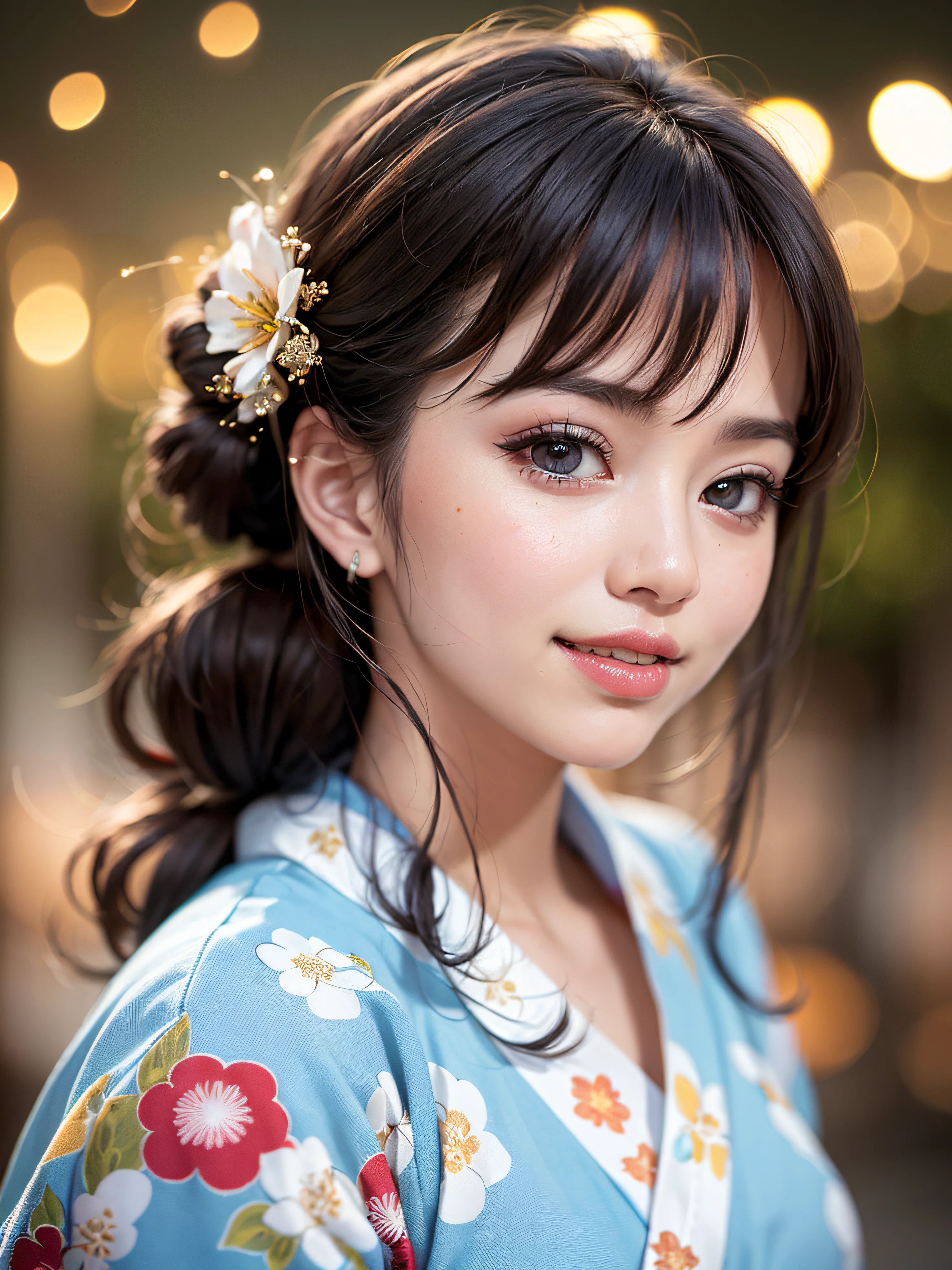(realistic, photo-realistic:1.37), (masterpiece:1.2), (best quality:1.4), (ultra high res:1.2),(RAW photo:1.2), (sharp focus:1.3), (face focus:1.2), vibrant details, hyperrealistic, (full body:1.37), (1girl wearing detailed yukata:1.5), (23yo:1.1), (happy smile:1.35), (extremely detailed beautiful face and eyes:1.4), (extremely detailed beautiful hair:1.4),delicate composition,(posing:1.2), (young hands:1.2), medium breast, flower hair ornament,(Updo hair:1.3),( lipgloss, eyelashes, gloss-face, glossy skin, best quality, ultra highres, depth of field, chromatic aberration, caustics, Broad lighting, natural shading,Kpop idol:1.2) looking at viewer with a serene and goddess-like happiness,BREAK,
(Beautiful fireworks in the night sky background:1.2),(japanese summer festival:1.1), scenery, bangs, beautiful detailed eyes, makeup, looking at viewer, (cute), (soft lighting), finely detail,