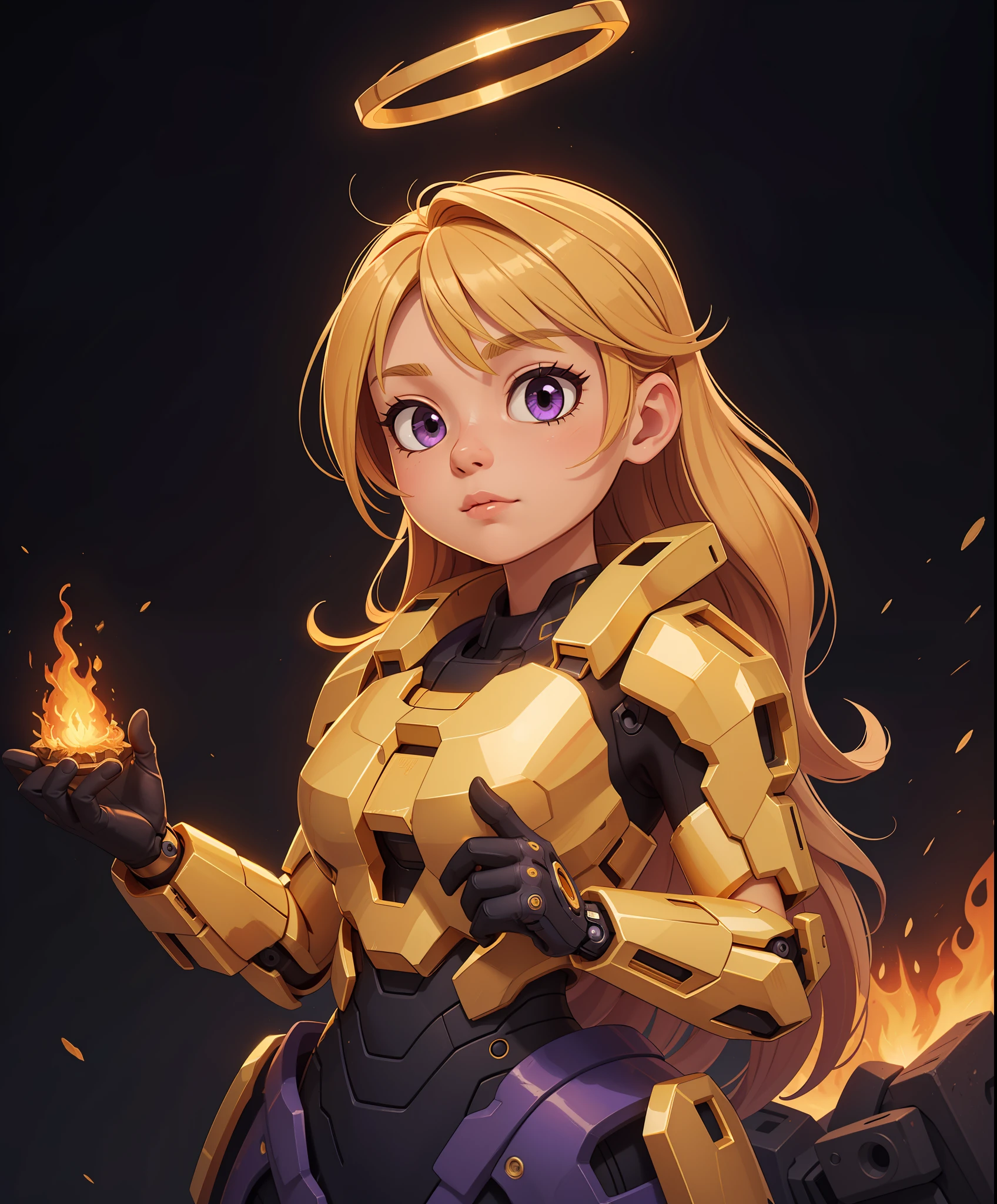 (masterpiece, best quality, ultra-detailed), 1girl, golden hair, purple eyes, gold, golden, glowing, mechanical arms, fire, (halo), black background,