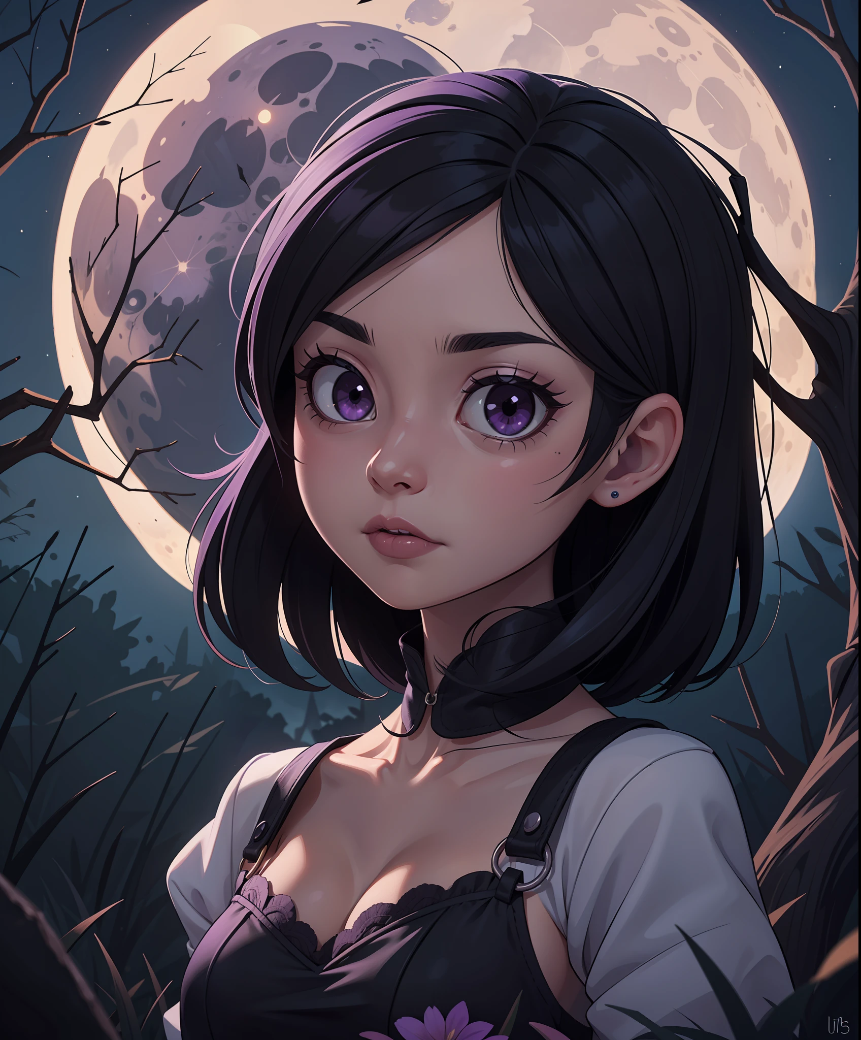 (masterpiece, best quality, ultra-detailed), 1girl, black hair, purple eyes, night, dark, horror \(theme\), moon,