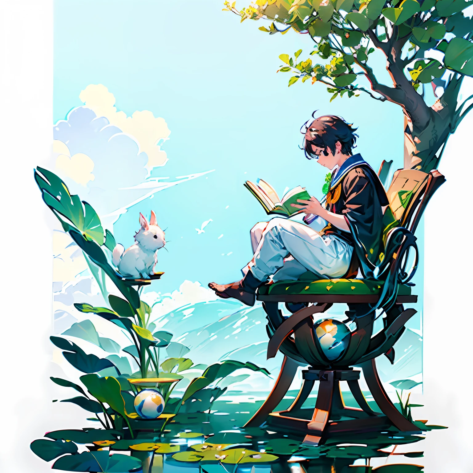 8K,2D,k hd,Read ten thousand books and write them on bamboo boards,A schoolboy sits on a globe and reads,A cute white rabbit stands on a stack of books looking at a schoolboy,By the lotus pond,White doves fly in the sky,The lotus pond is covered with lotus leaves,Lotus flowers bloom,real photograph,tmasterpiece,The sky is full of white clouds