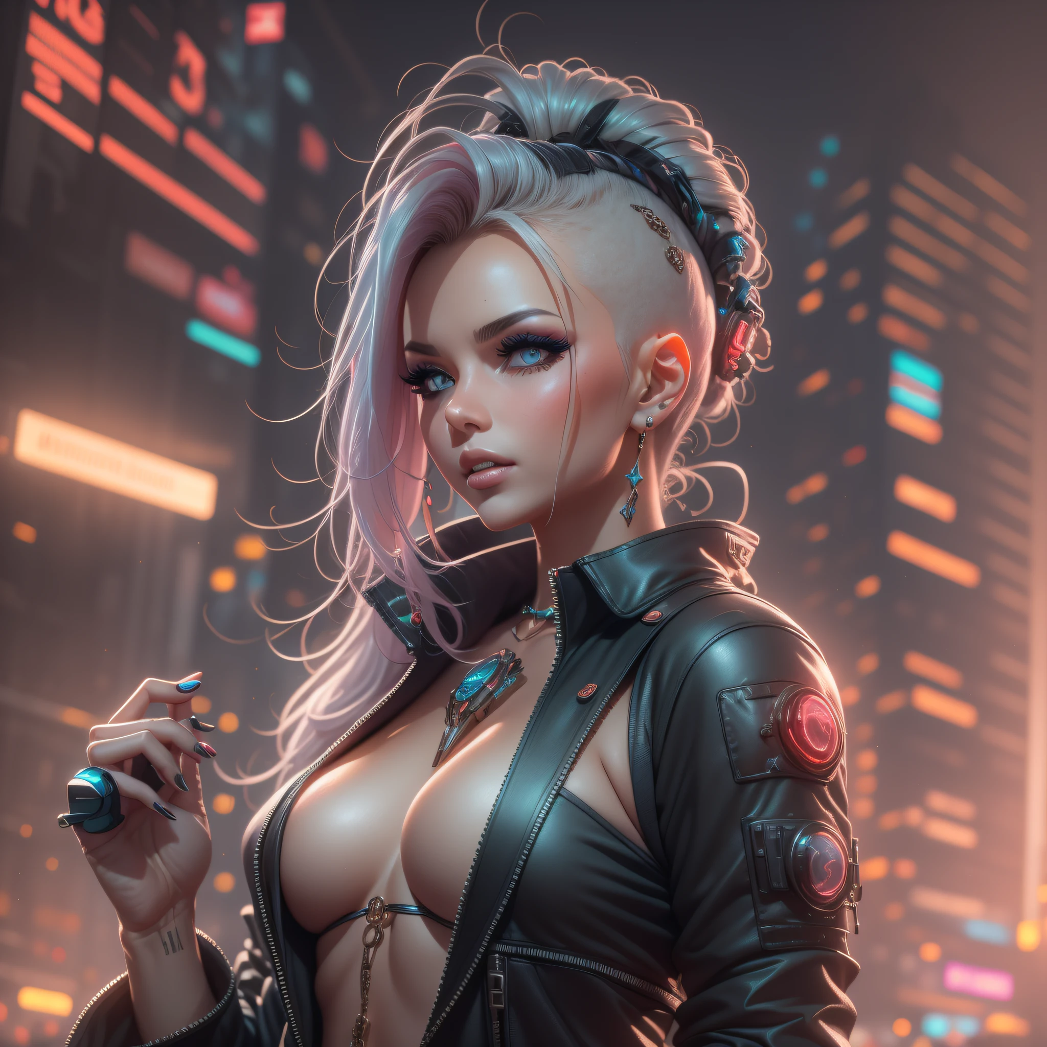 "A stunning woman in a cyberpunk setting."